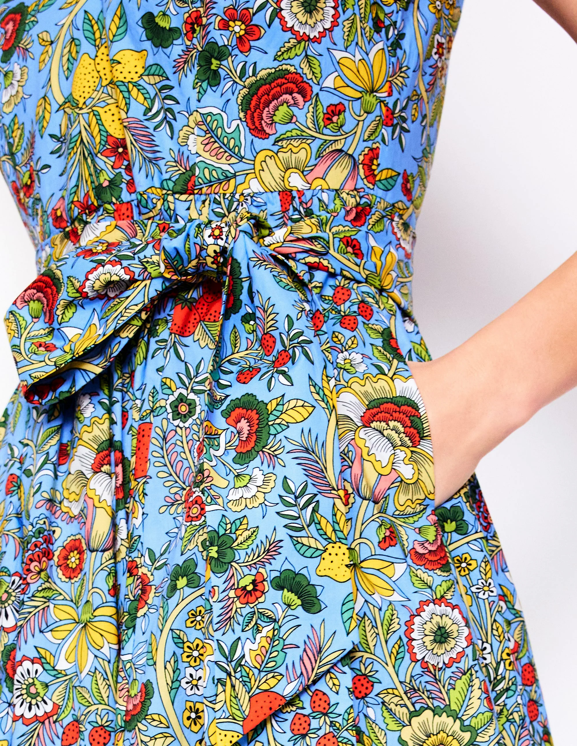 V-Neck Belted Flare Dress-Multi, Citrus Vine