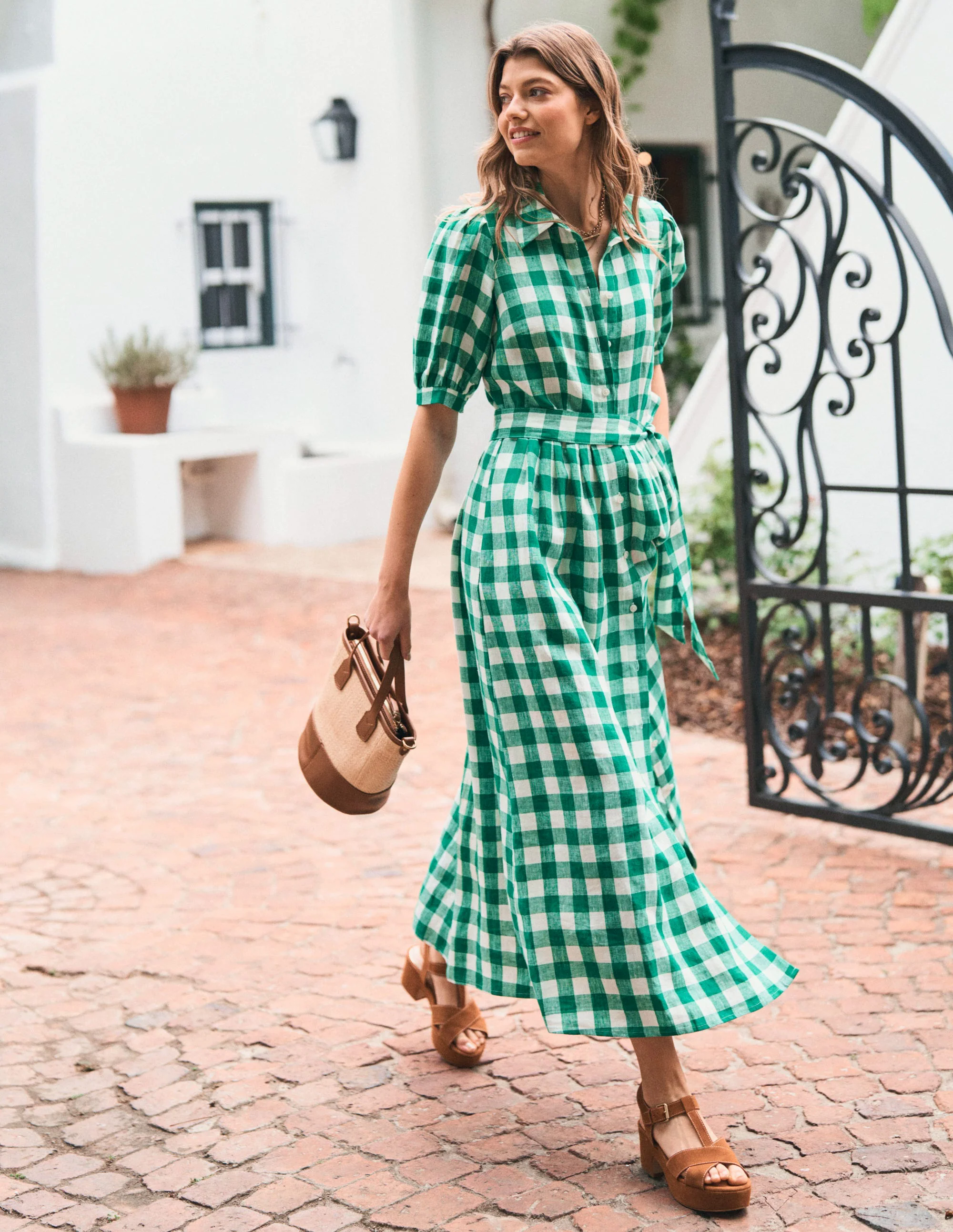 Alexa Linen Maxi Shirt Dress-Rich Emerald Gingham