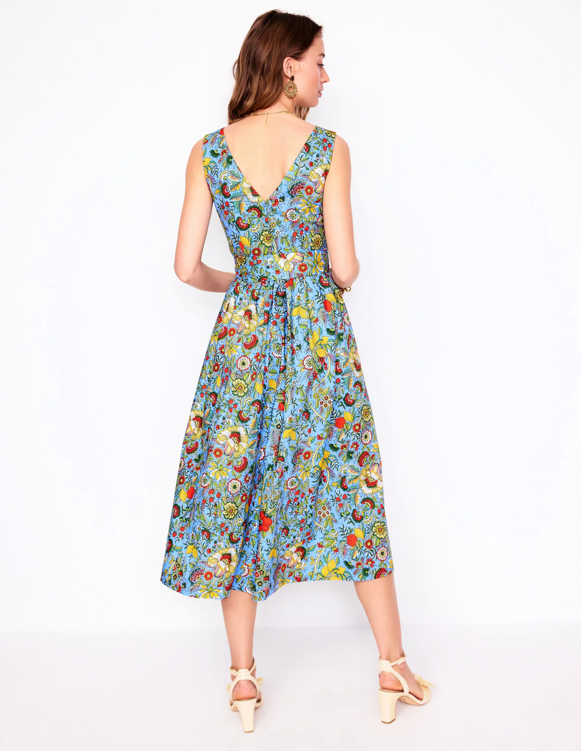 V-Neck Belted Flare Dress-Multi, Citrus Vine