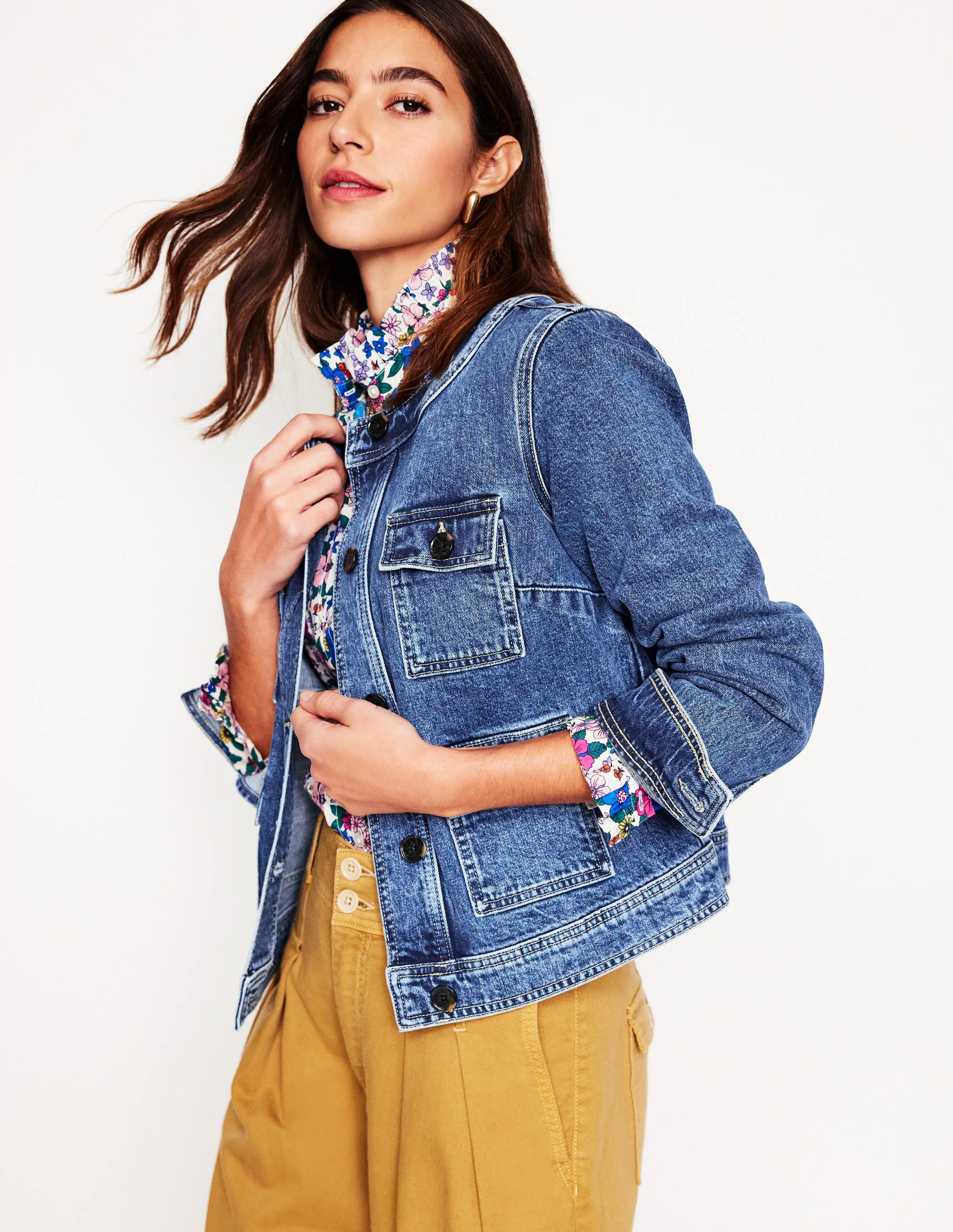 Collarless Casual Jacket-Mid Wash Denim