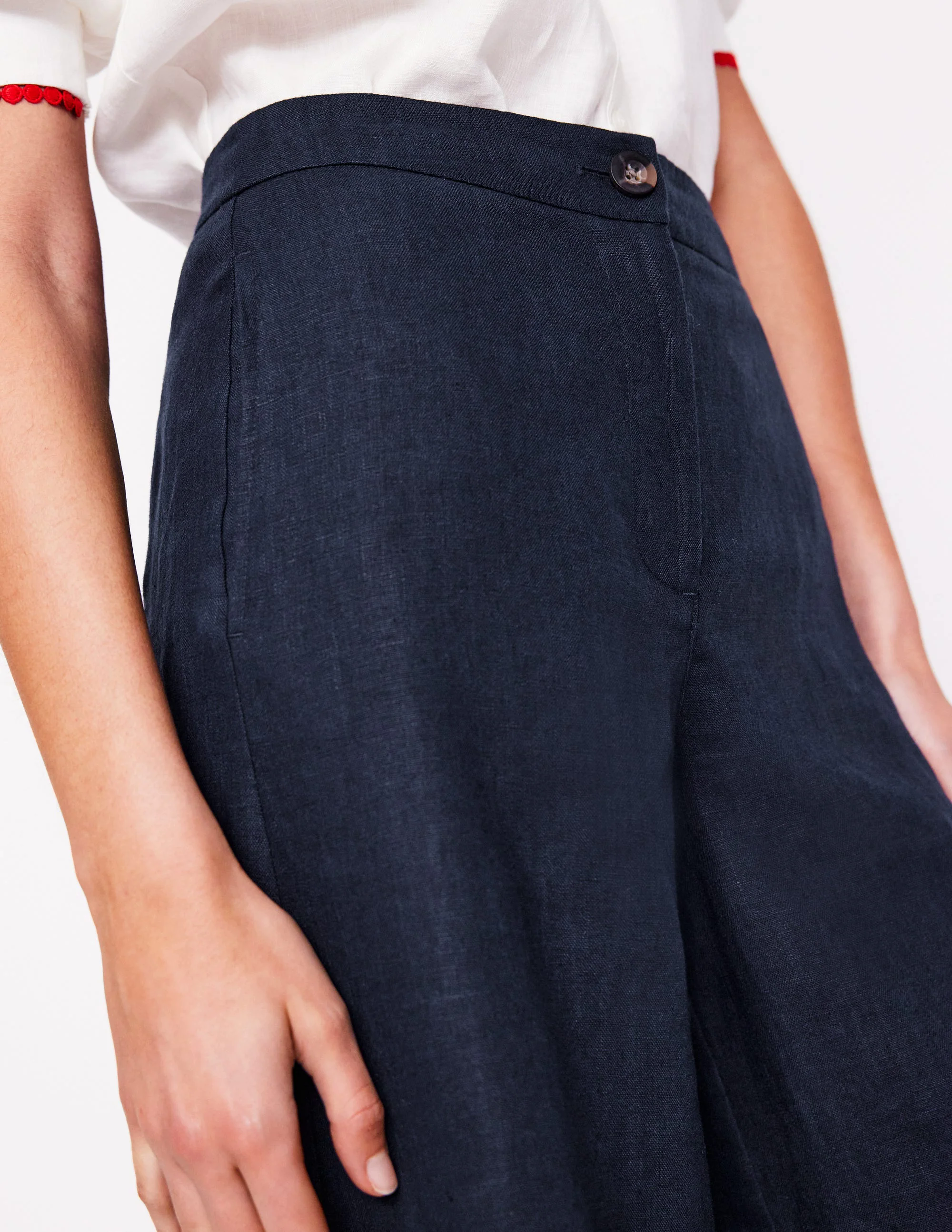 Wide Crop Linen Pants-Navy