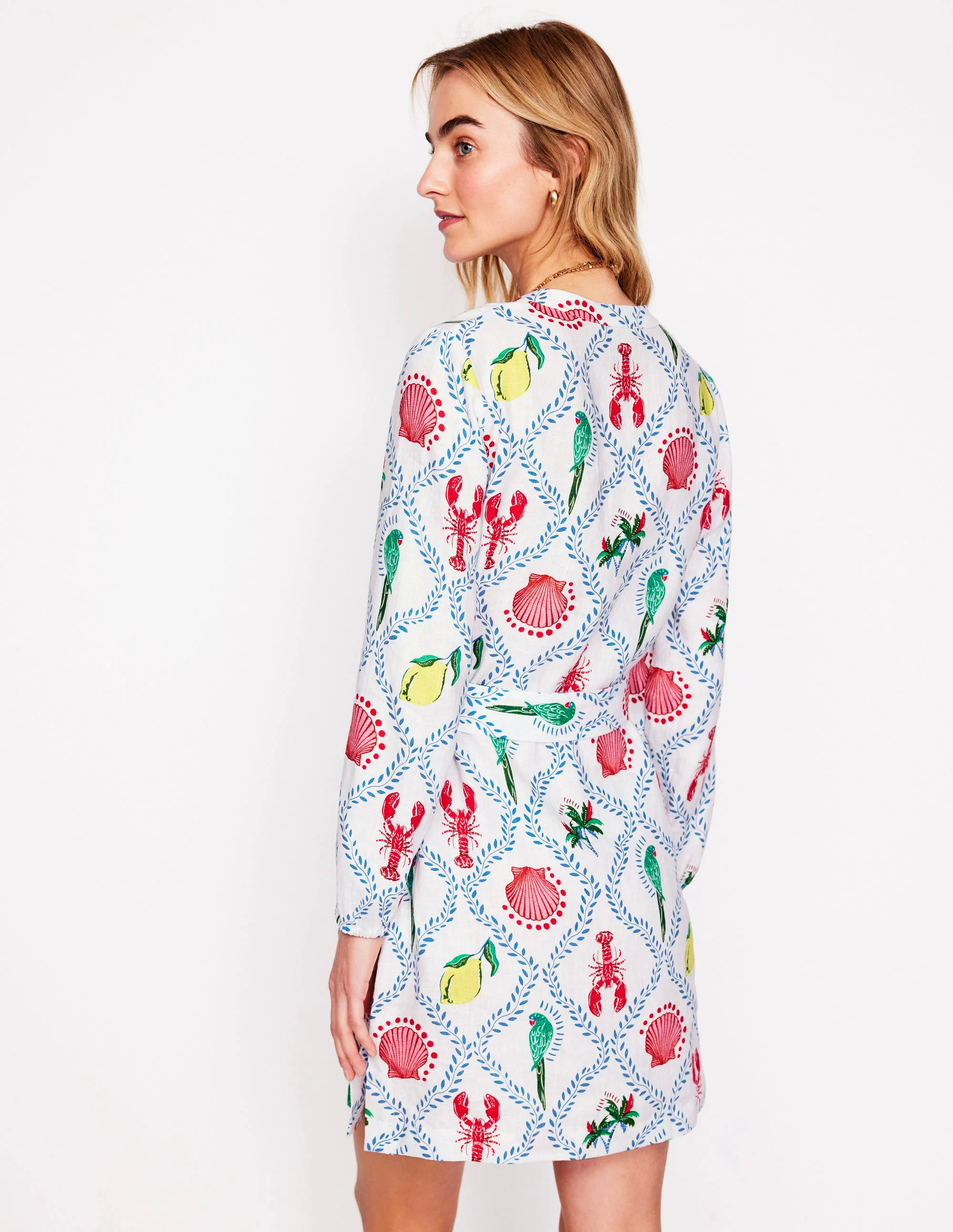 Cleo Linen Tie Waist Dress-Ivory, Tropical Bonanza Vine