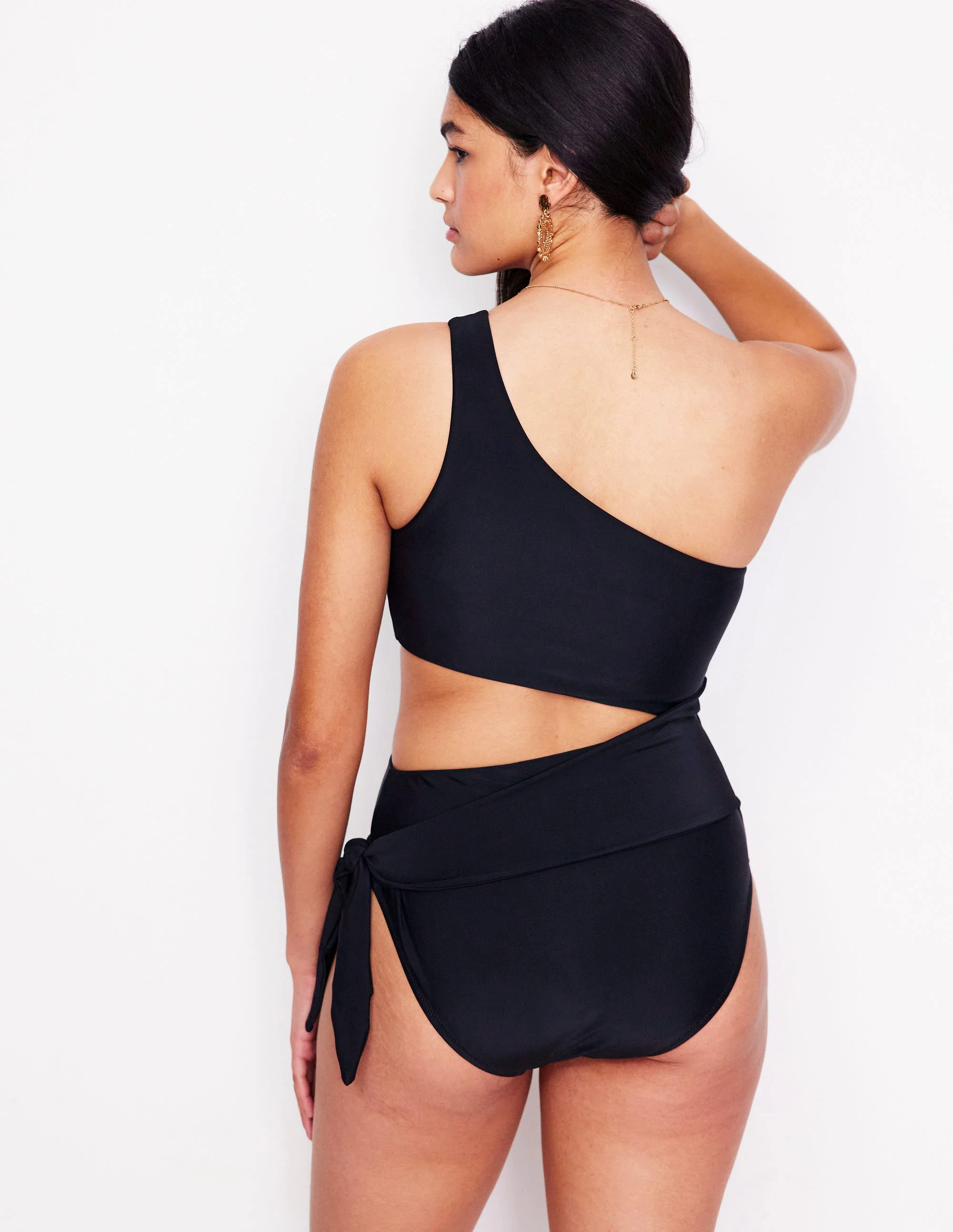 Asym Cut Tie Swimsuit-Black