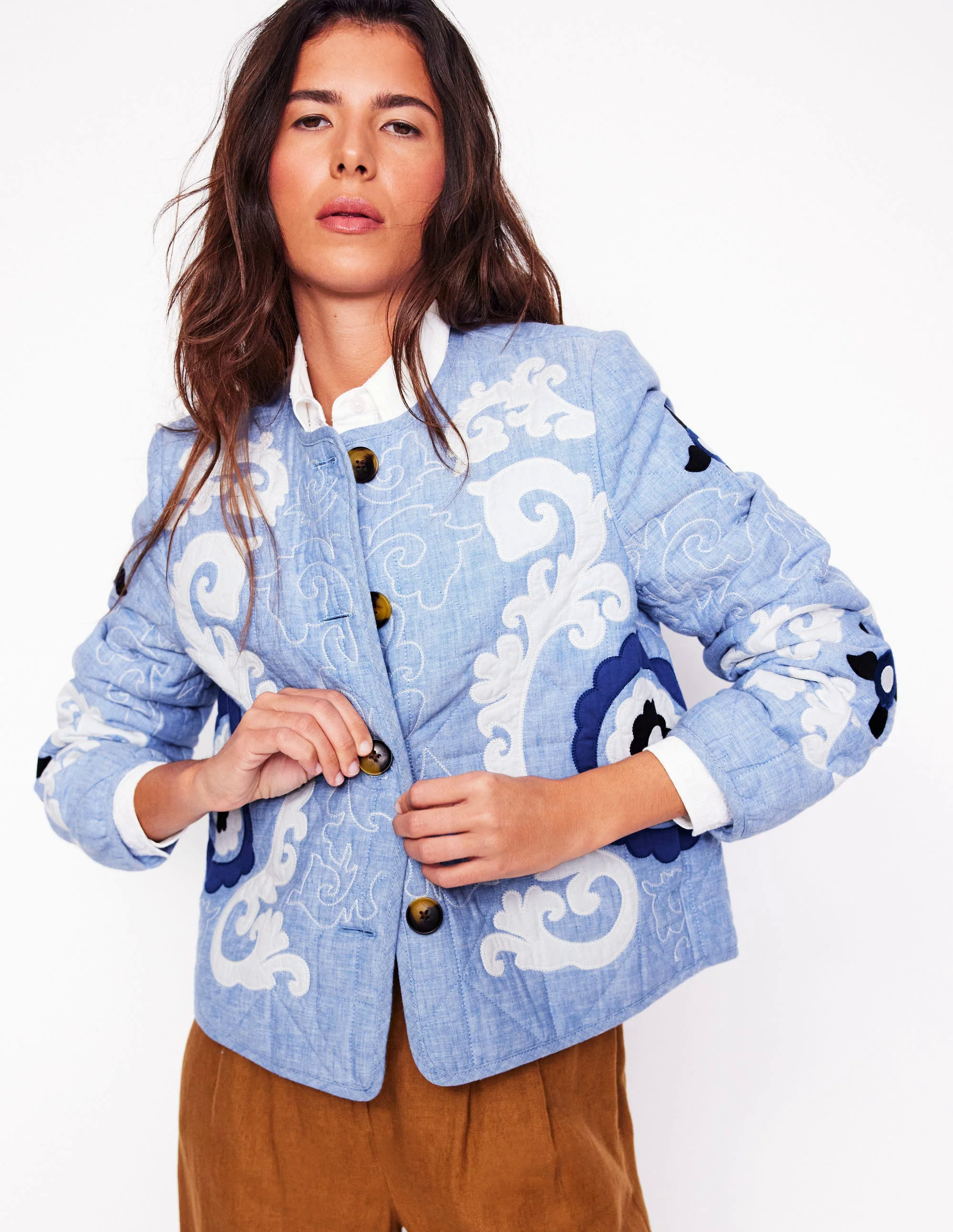Chelsea Embroidered Jacket-Grey Blue Chambray