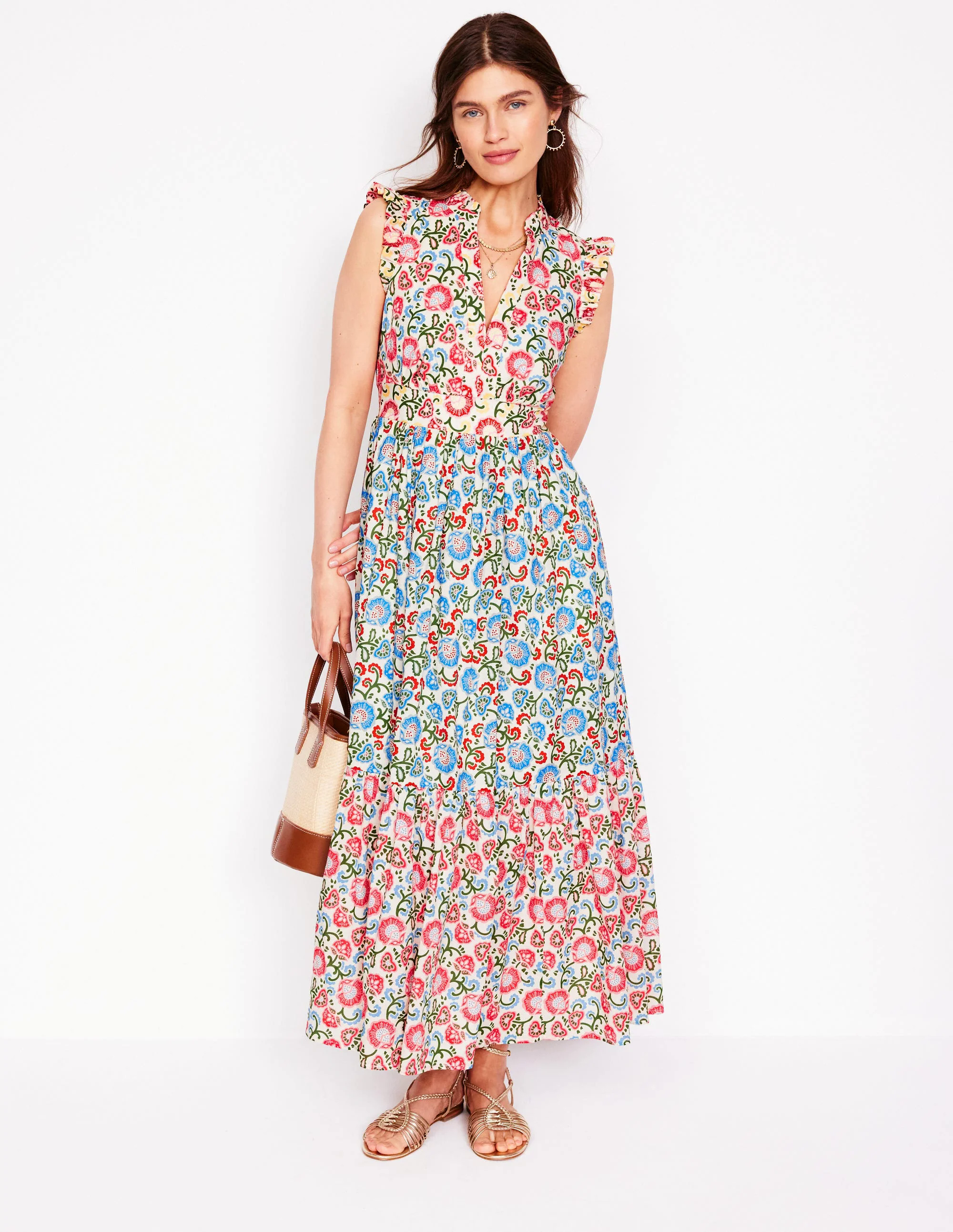 Wren Tiered Midi Dress-Ivory, Garden Vine