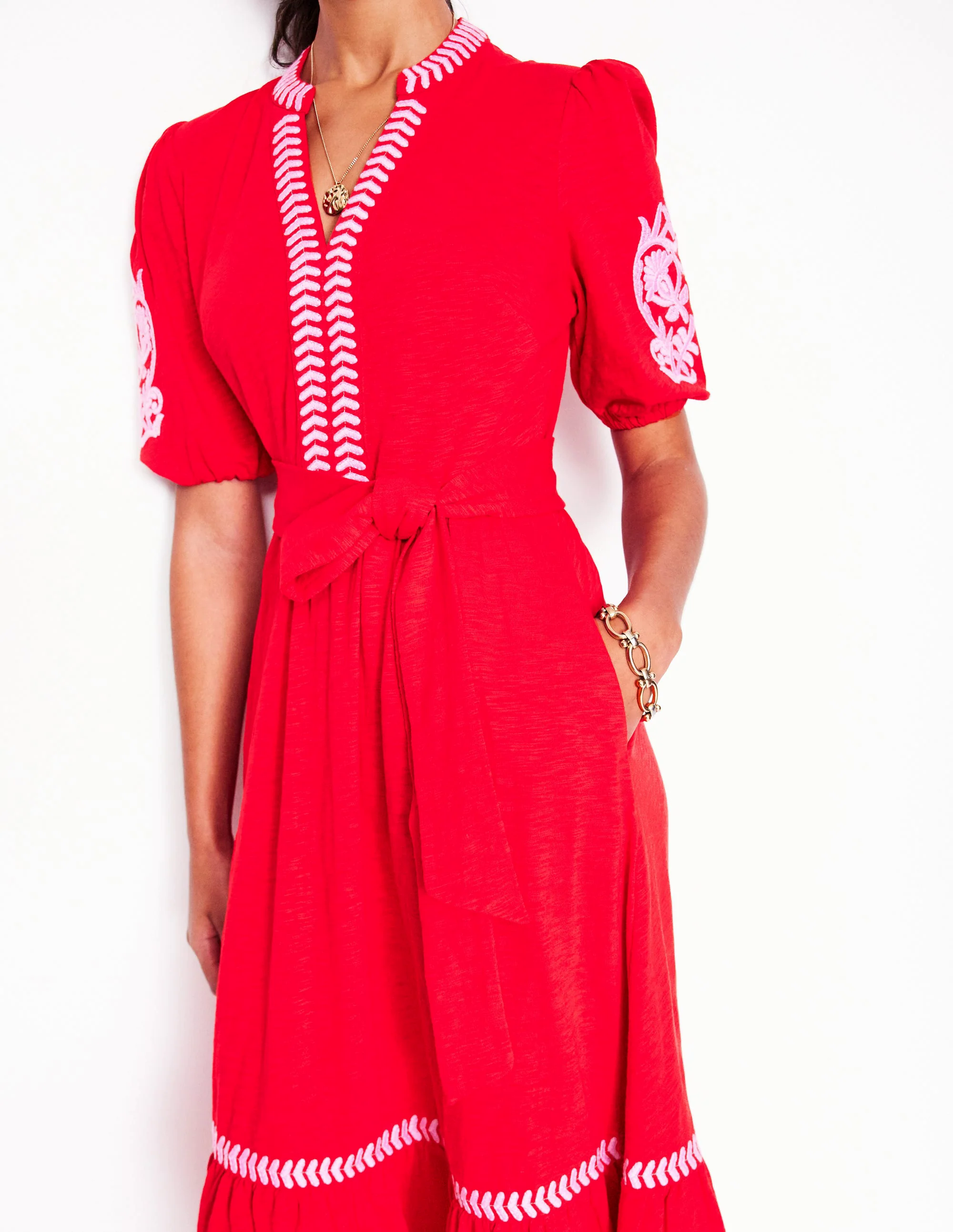 Amara Embroidered Jersey Dress-Poppy Red, Pink Peony