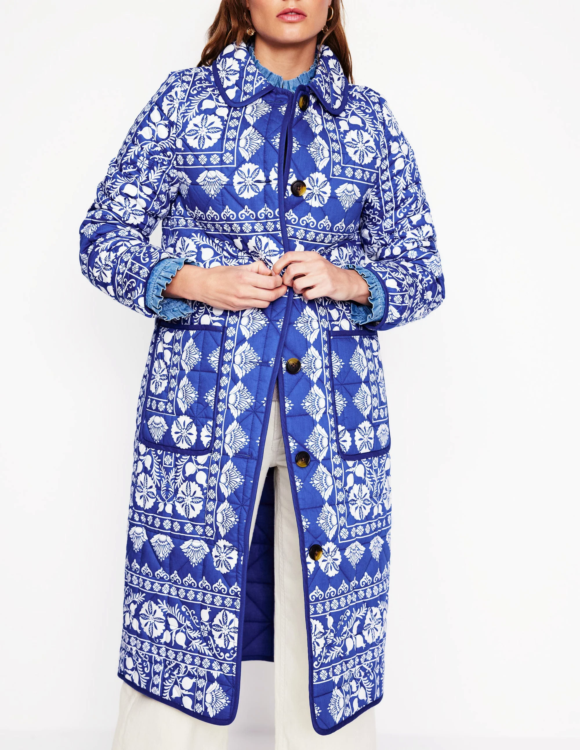 Soft Quilted Coat-Bright Blue, Ornate Border
