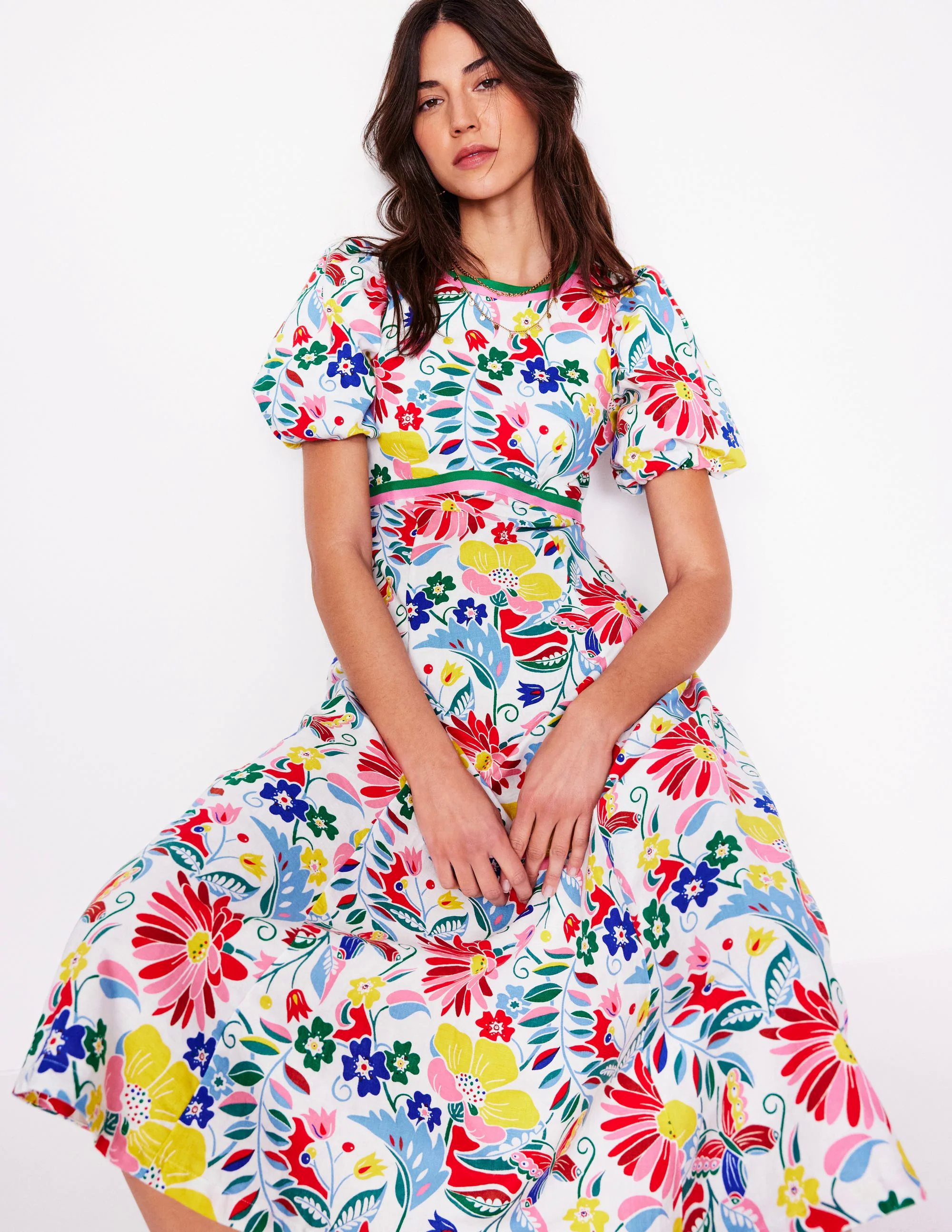 Empire Linen Tea Dress-Multi, Wildflower Trail