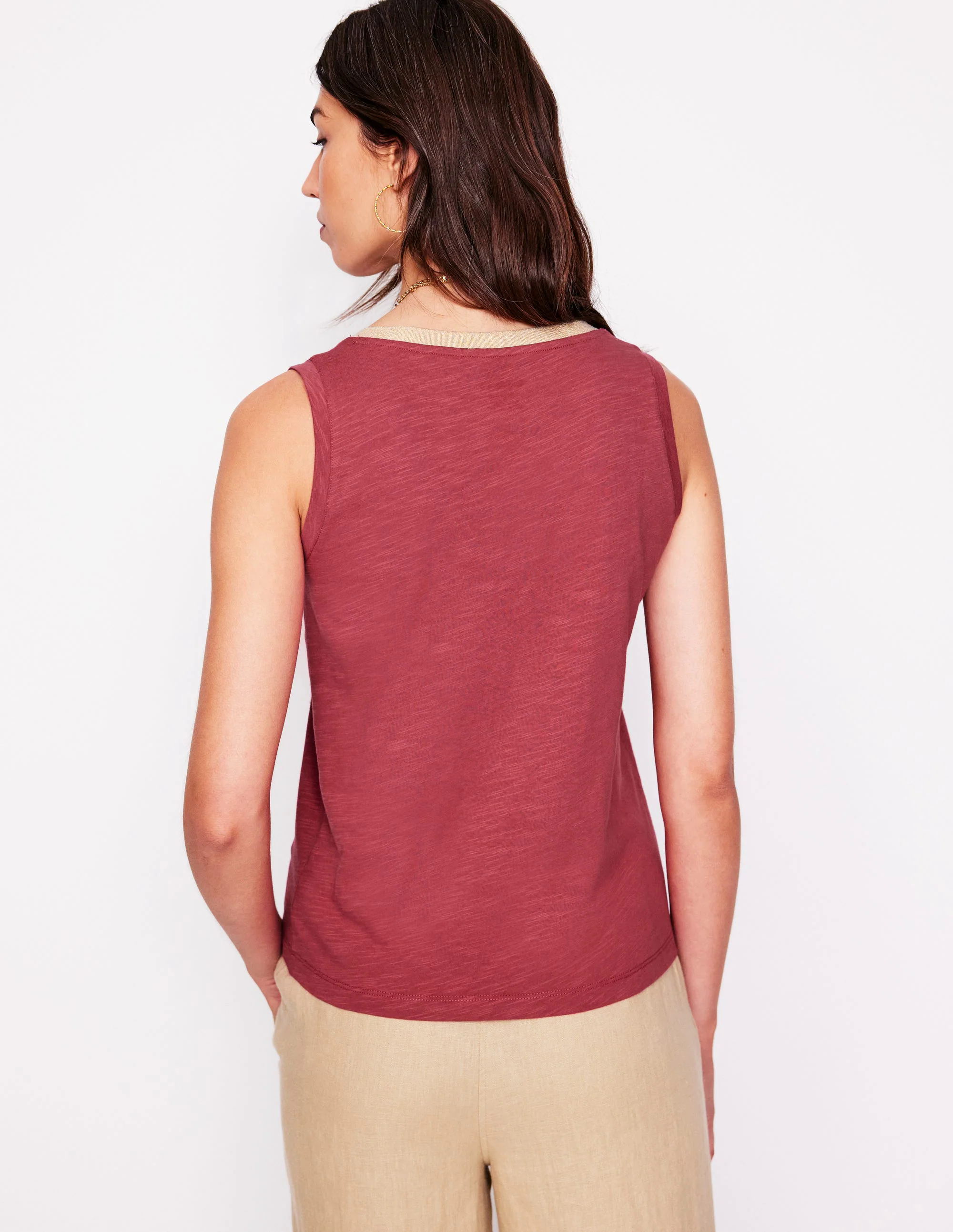 Metallic Trim V Neck Vest-Terracotta Red