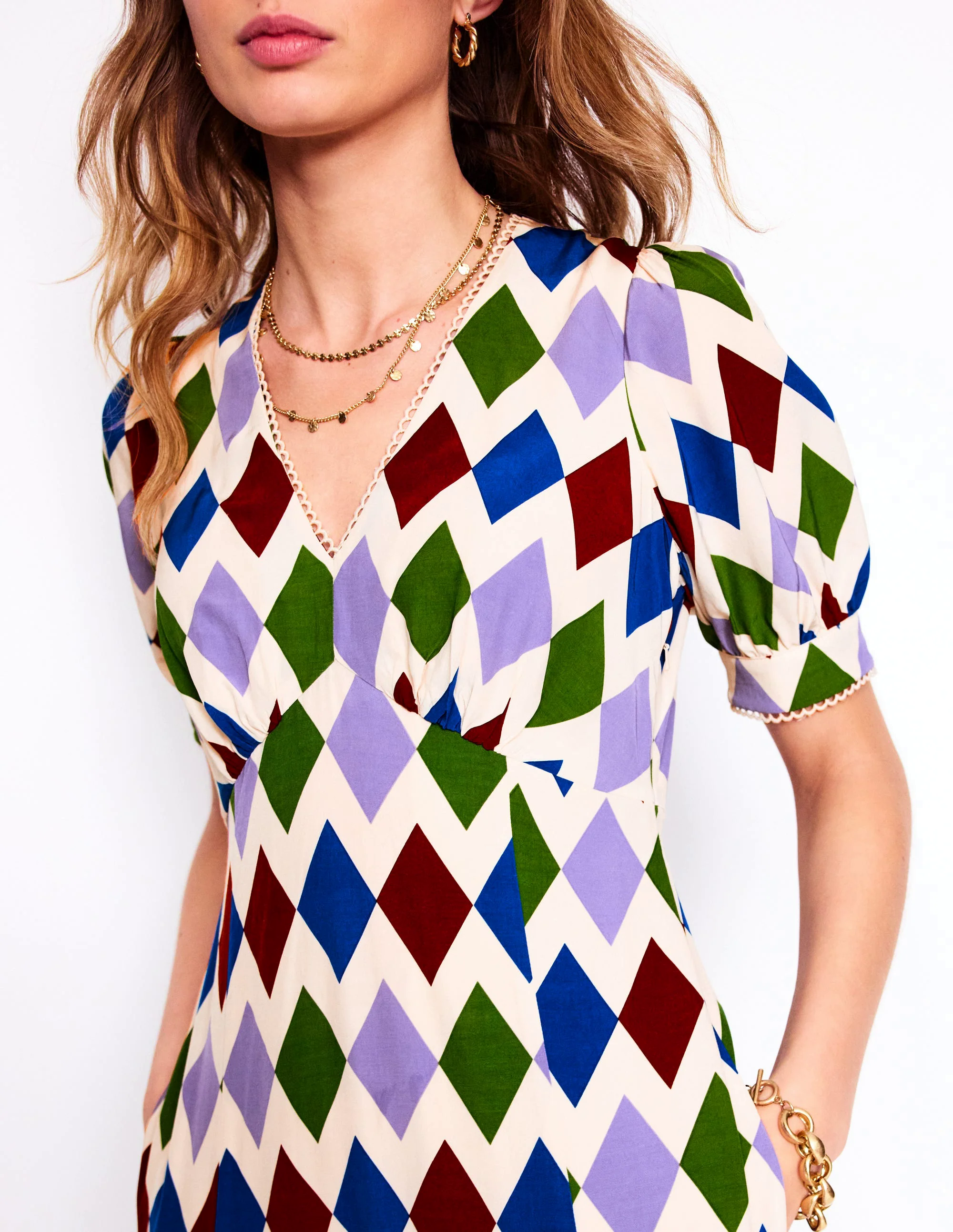 Rosie Godet Tea Dress-Multi, Diamond Stripe