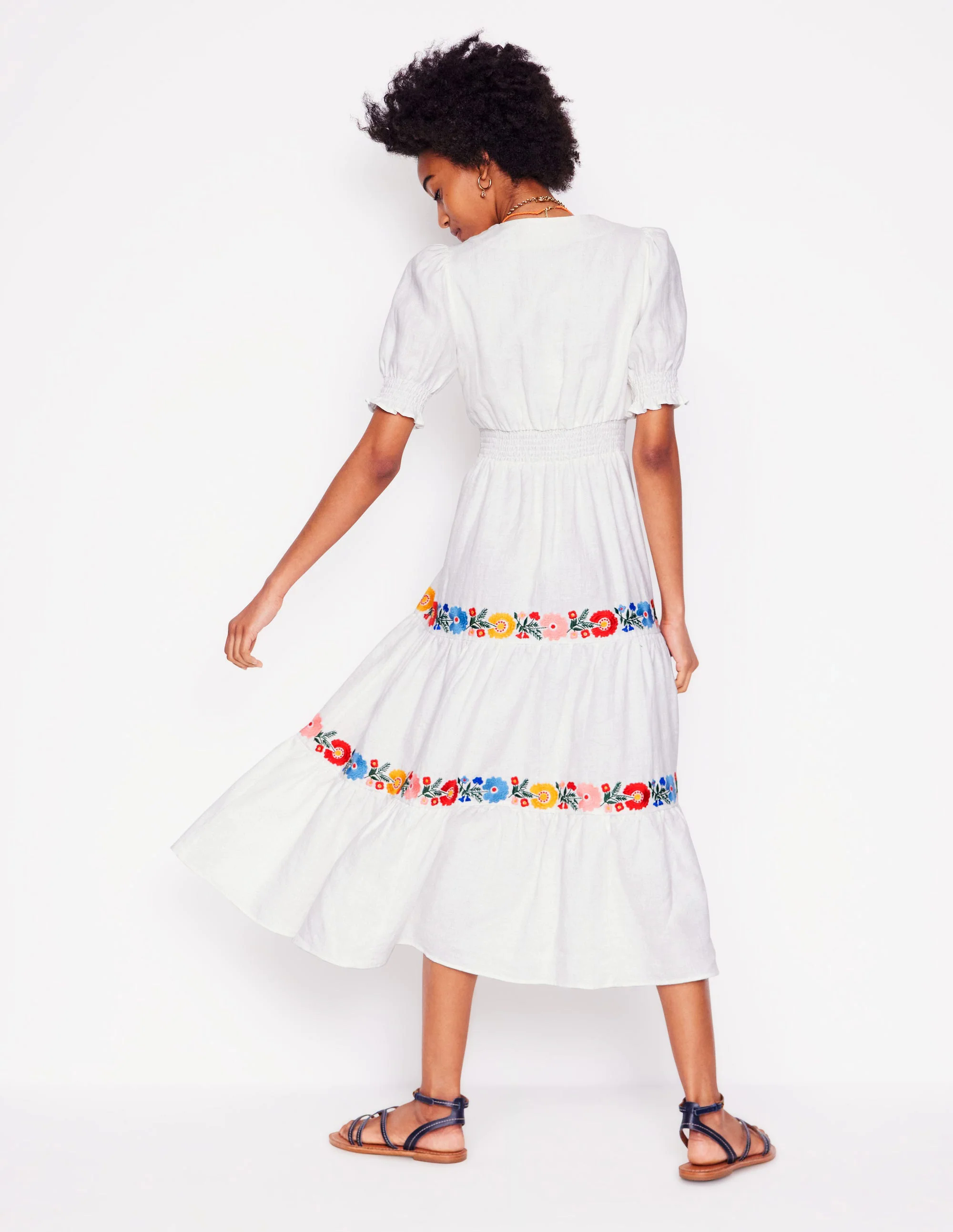 Anna Linen Tiered Midi Dress-White, Multi Embroidery