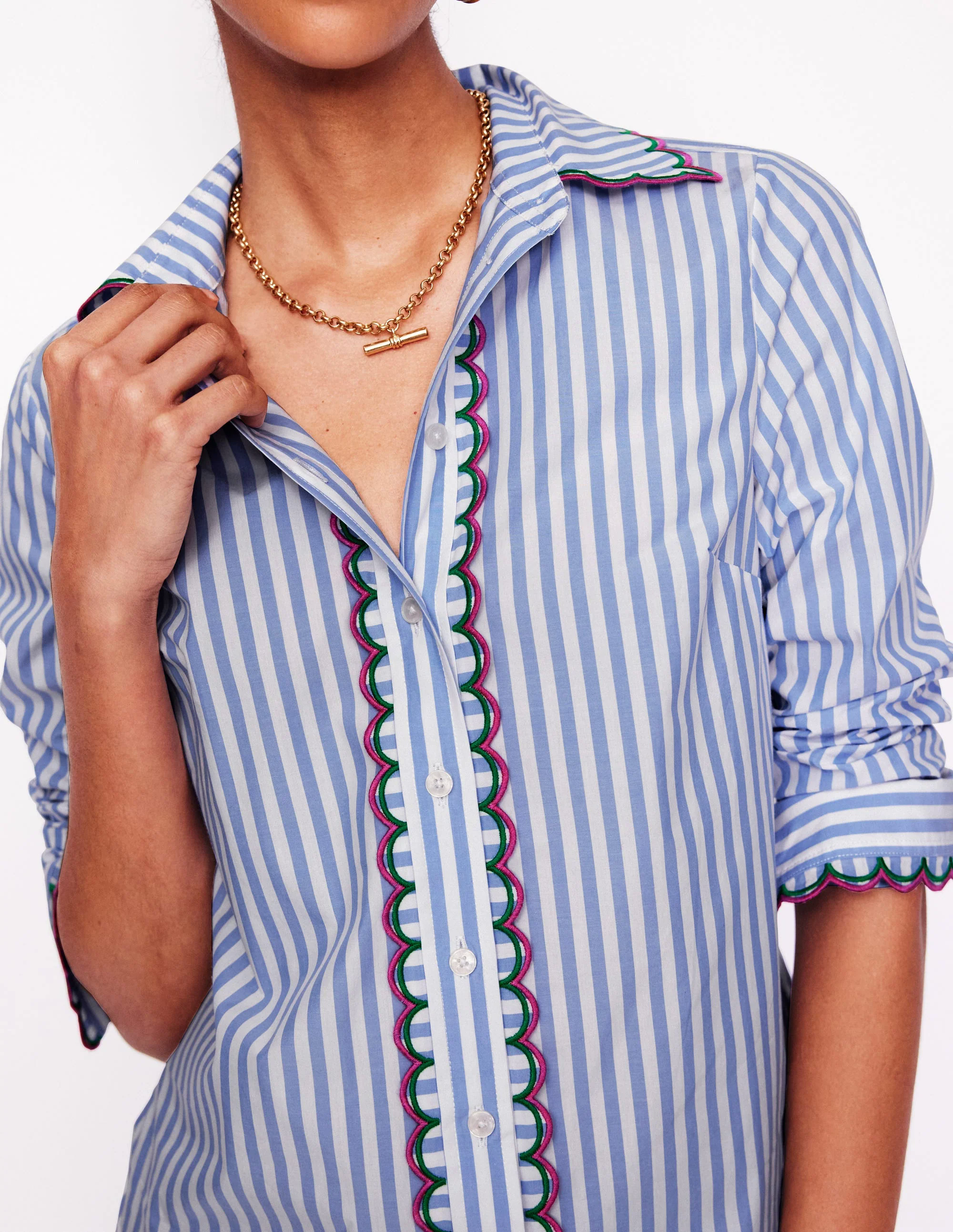 Sienna Interest Cotton Shirt-Multi, Blue and Ivory Stripe
