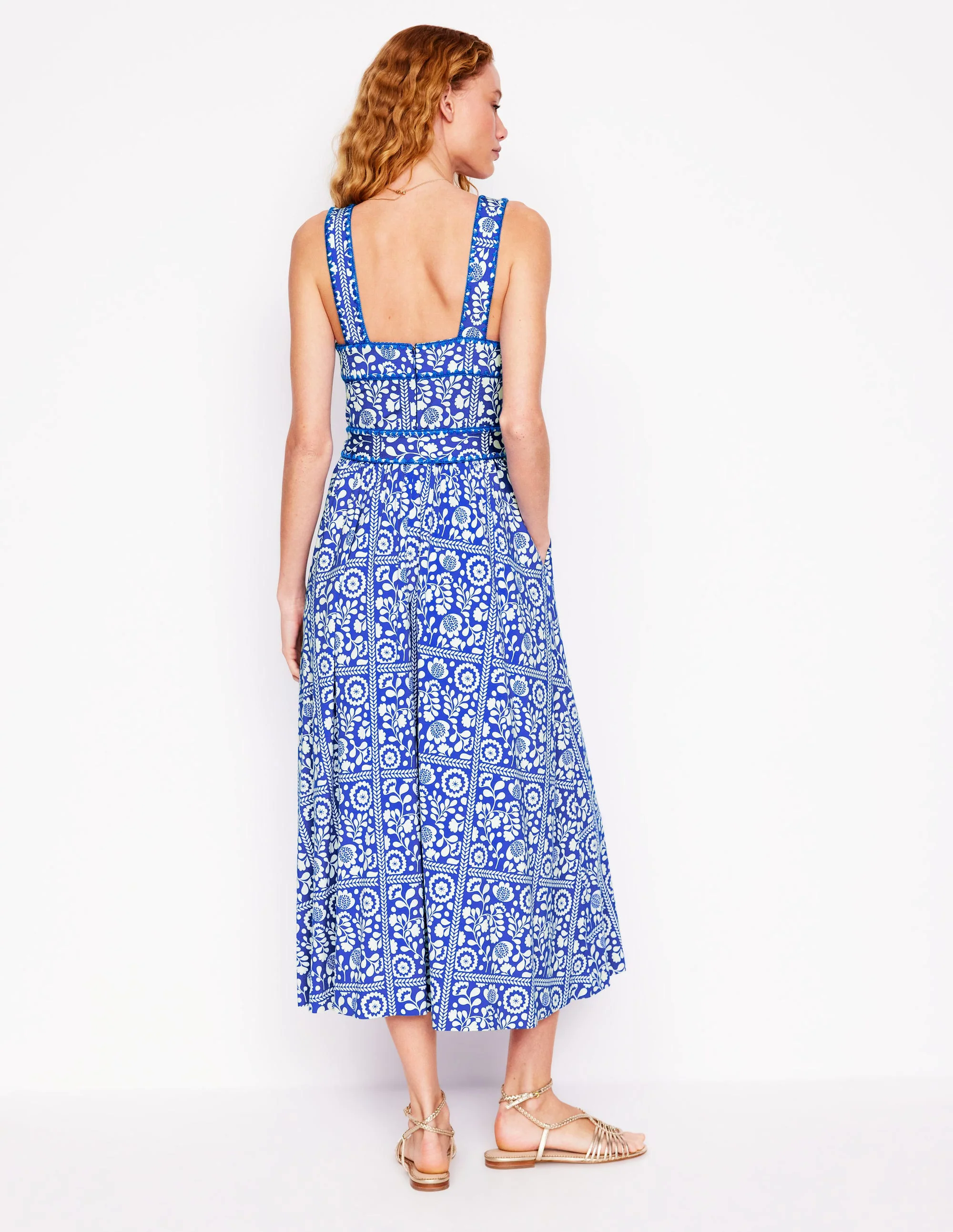 Square Neck Seam Midi Dress-Gallery Blue, Vine Tile