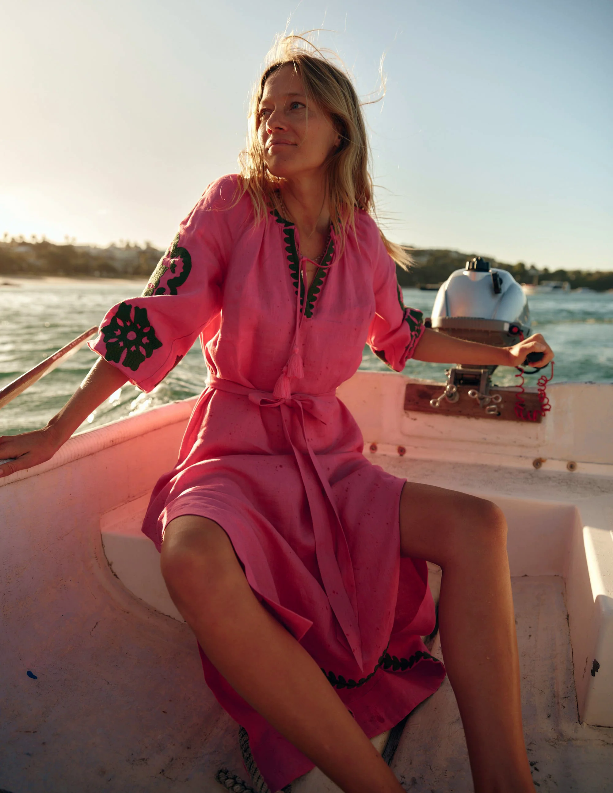 Embroidered Linen Tassel Dress-Sorbet Pink