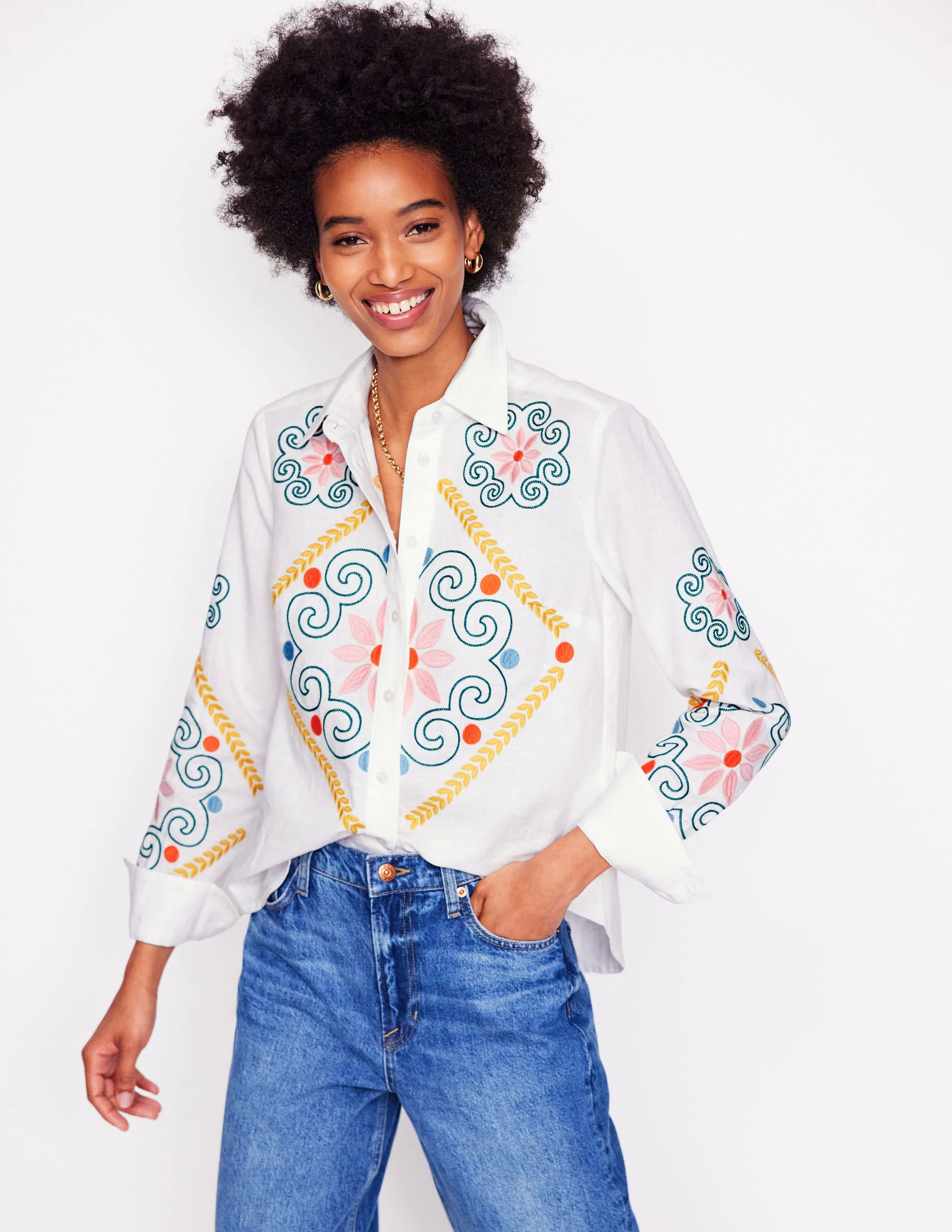Sienna Embroidered Linen Shirt-White