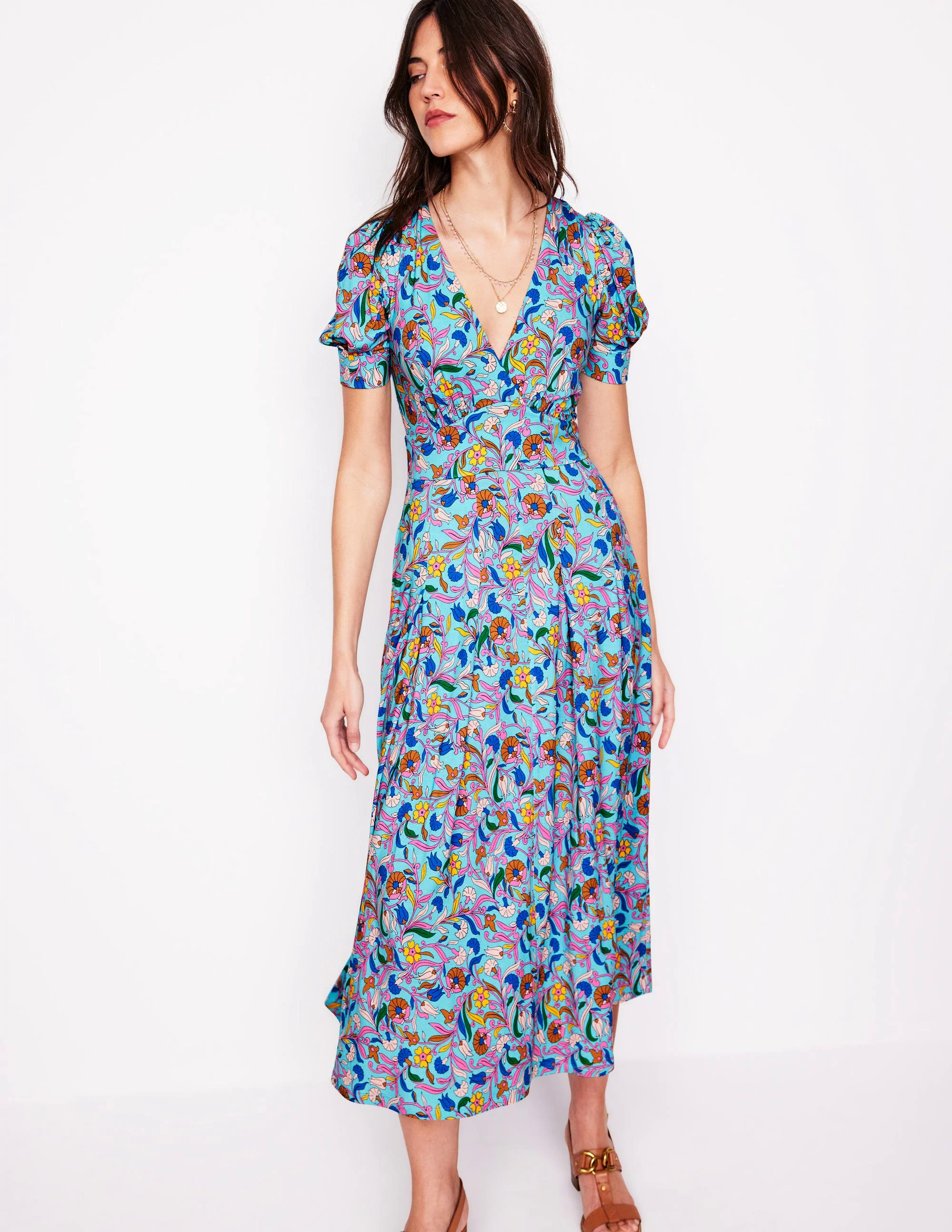 Kristen Pleated Jersey Dress-Blue, Enchanting Vine