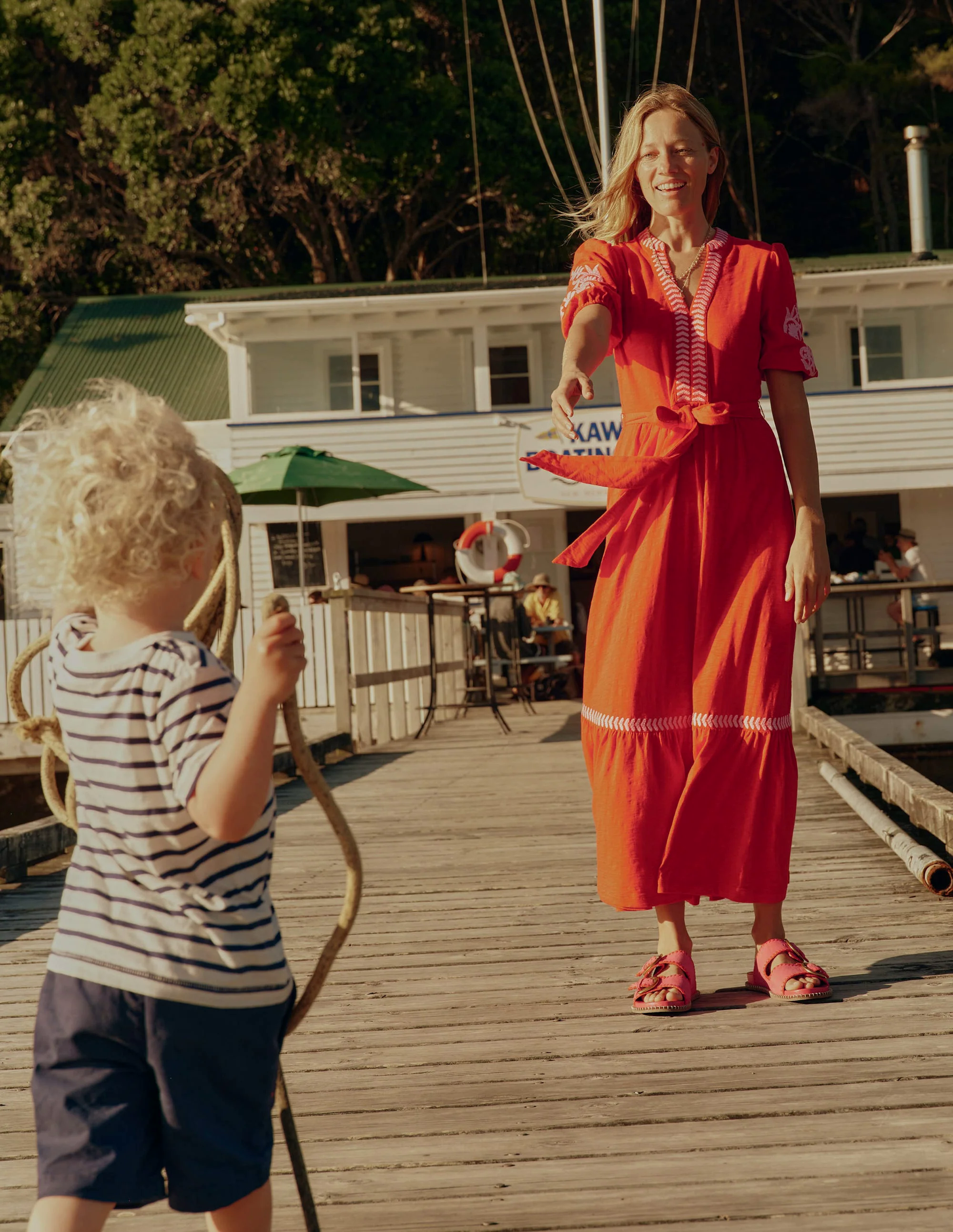Amara Embroidered Jersey Dress-Poppy Red, Pink Peony