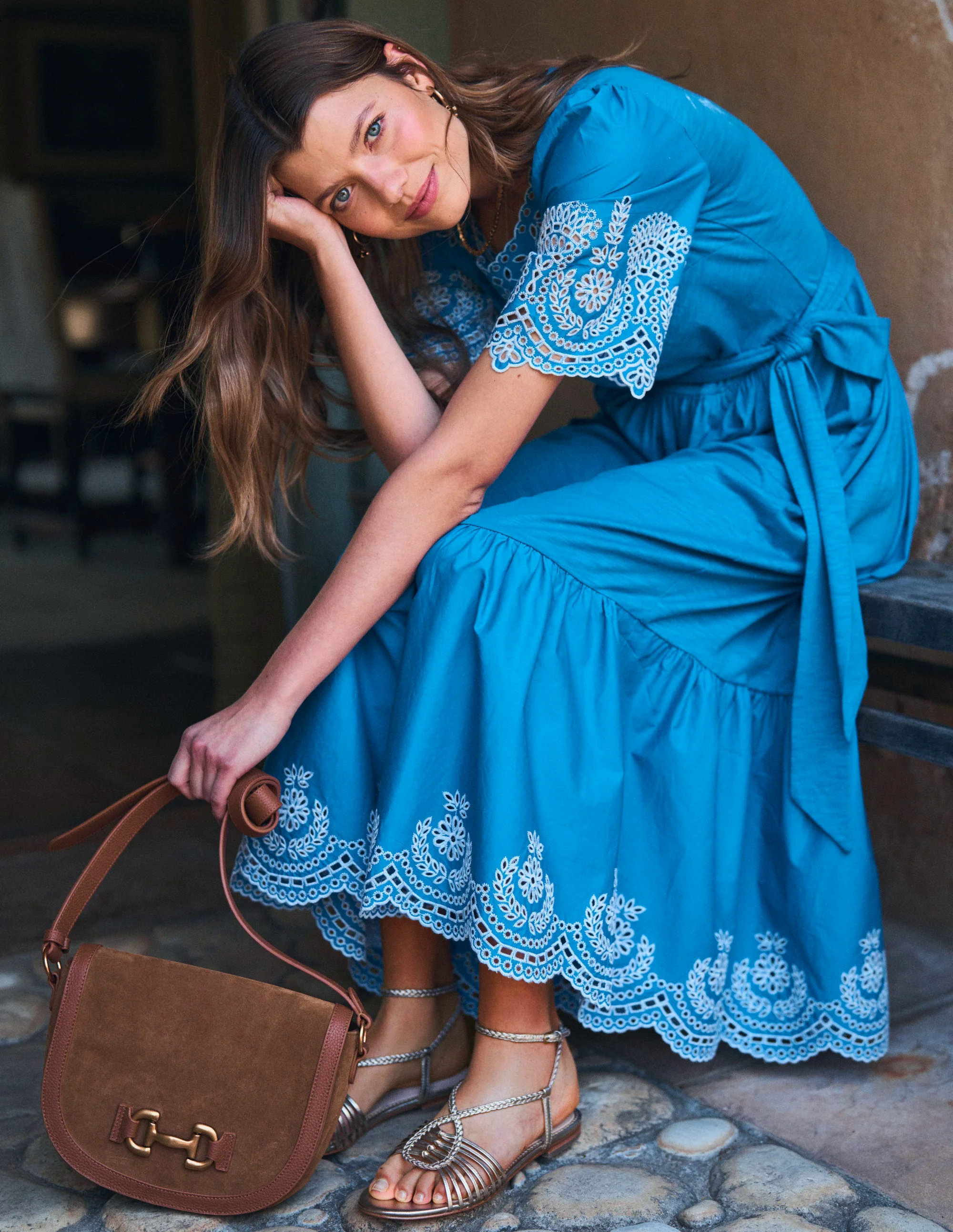 Isabel Broderie Mix maxi Dress-Cerulean Blue