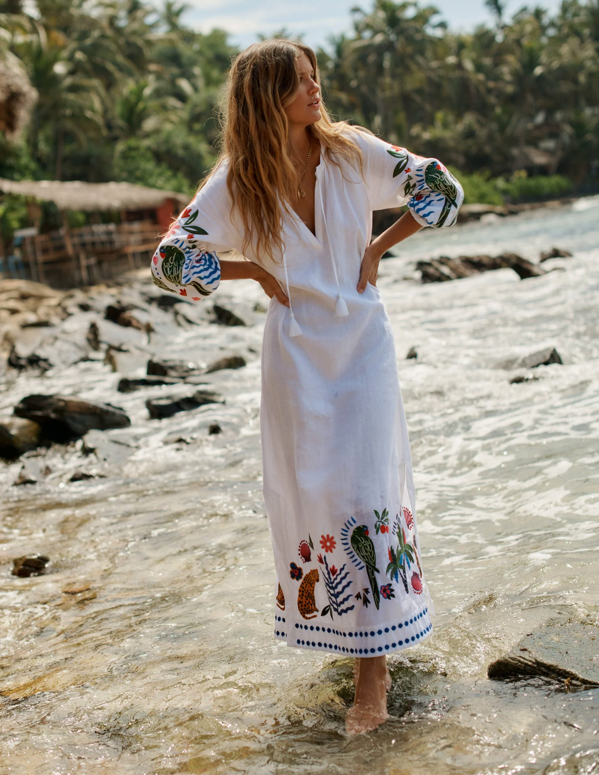Embroidered Linen Tassel Dress-Ivory