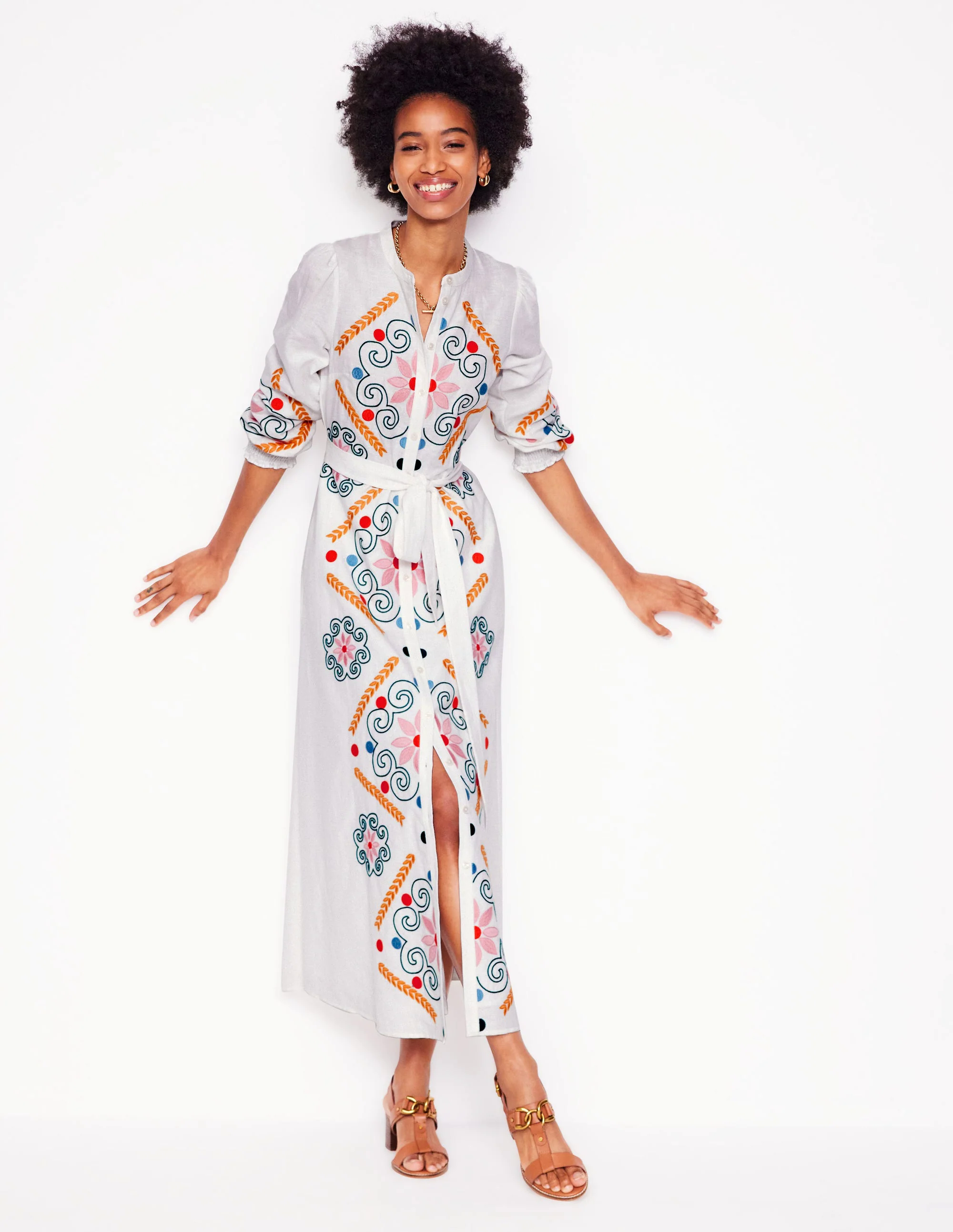 Ruby Linen Blend Shirt Dress-White Embroidery