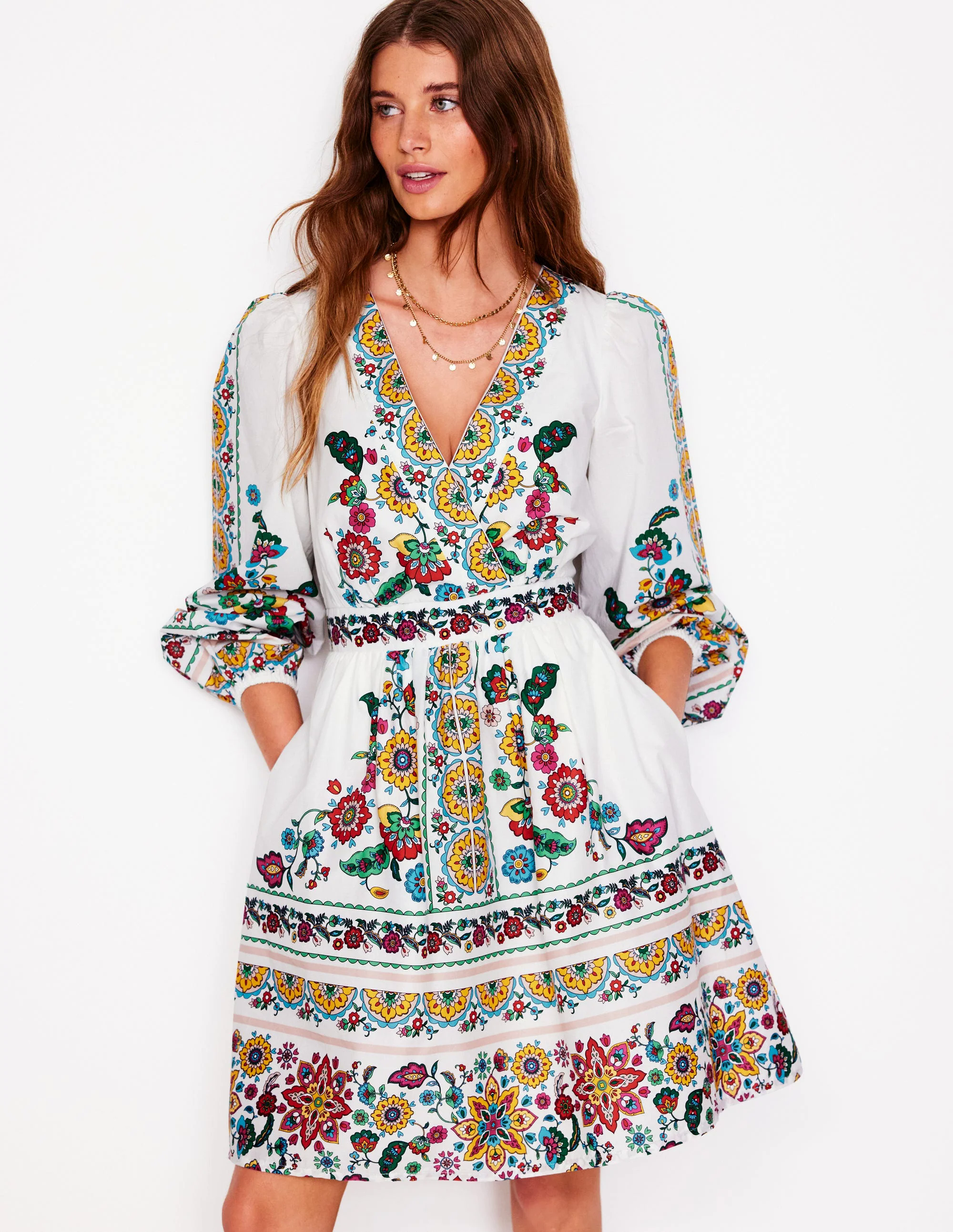 Mya Cotton Short Dress-Ivory, Botanical Sprig