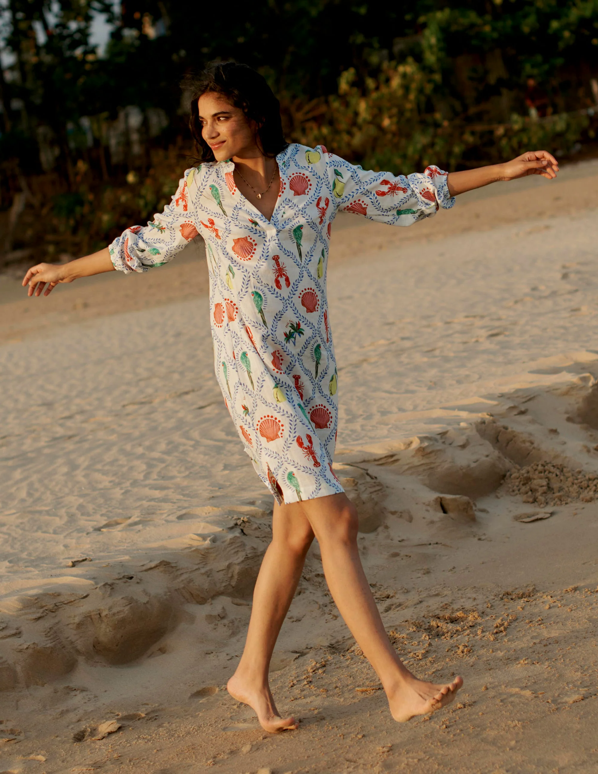 Cleo Linen Tie Waist Dress-Ivory, Tropical Bonanza Vine