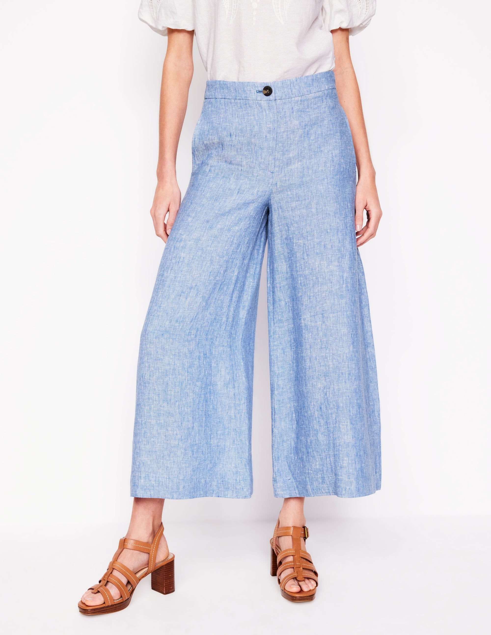 Wide Crop Linen Pants-Grey Blue Chambray