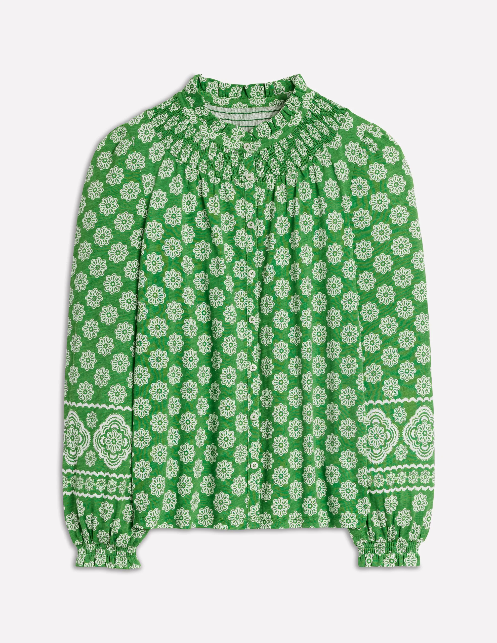 Fay Smocked Jersey Shirt-Paradise Green, Botanic Blush