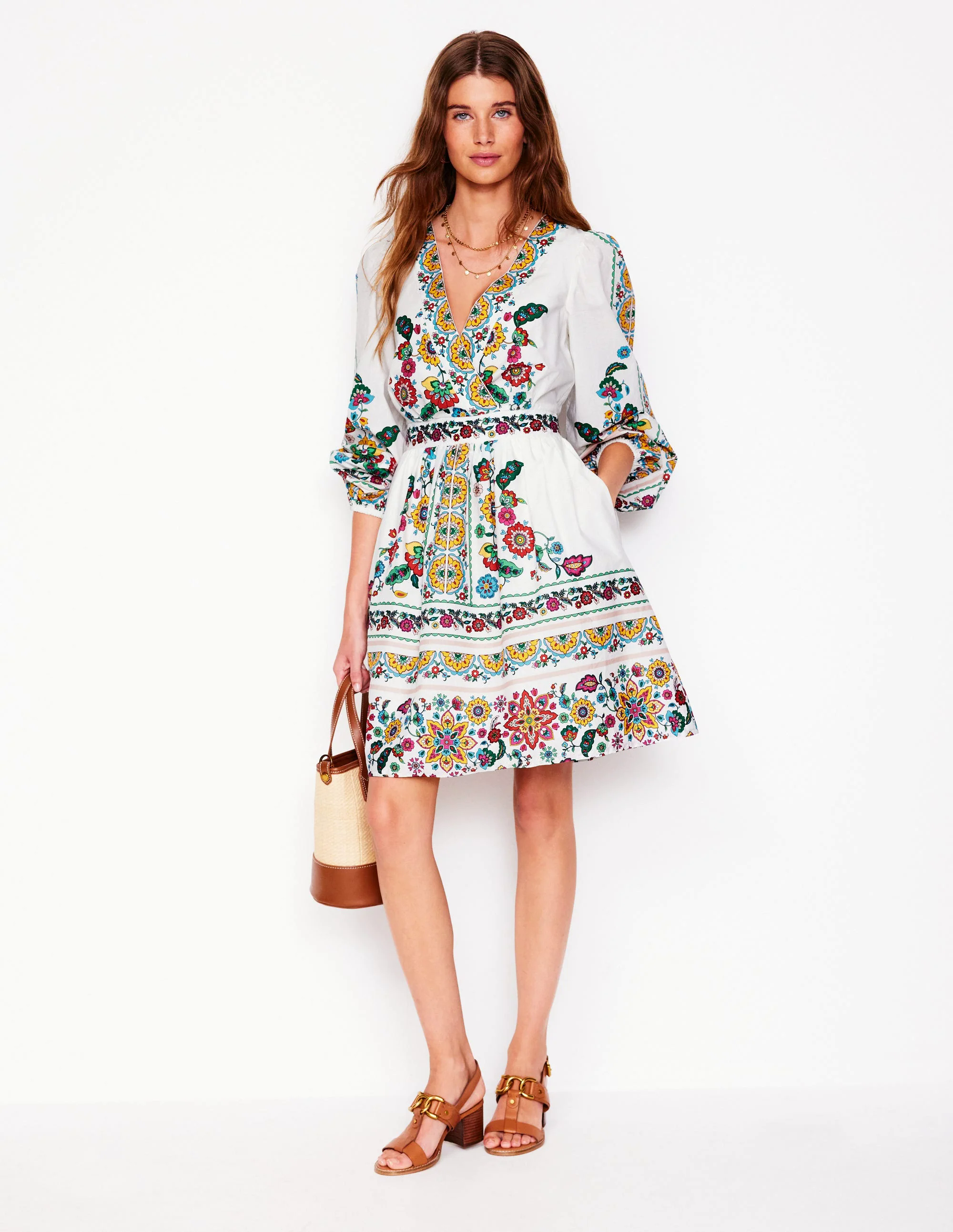 Mya Cotton Short Dress-Ivory, Botanical Sprig