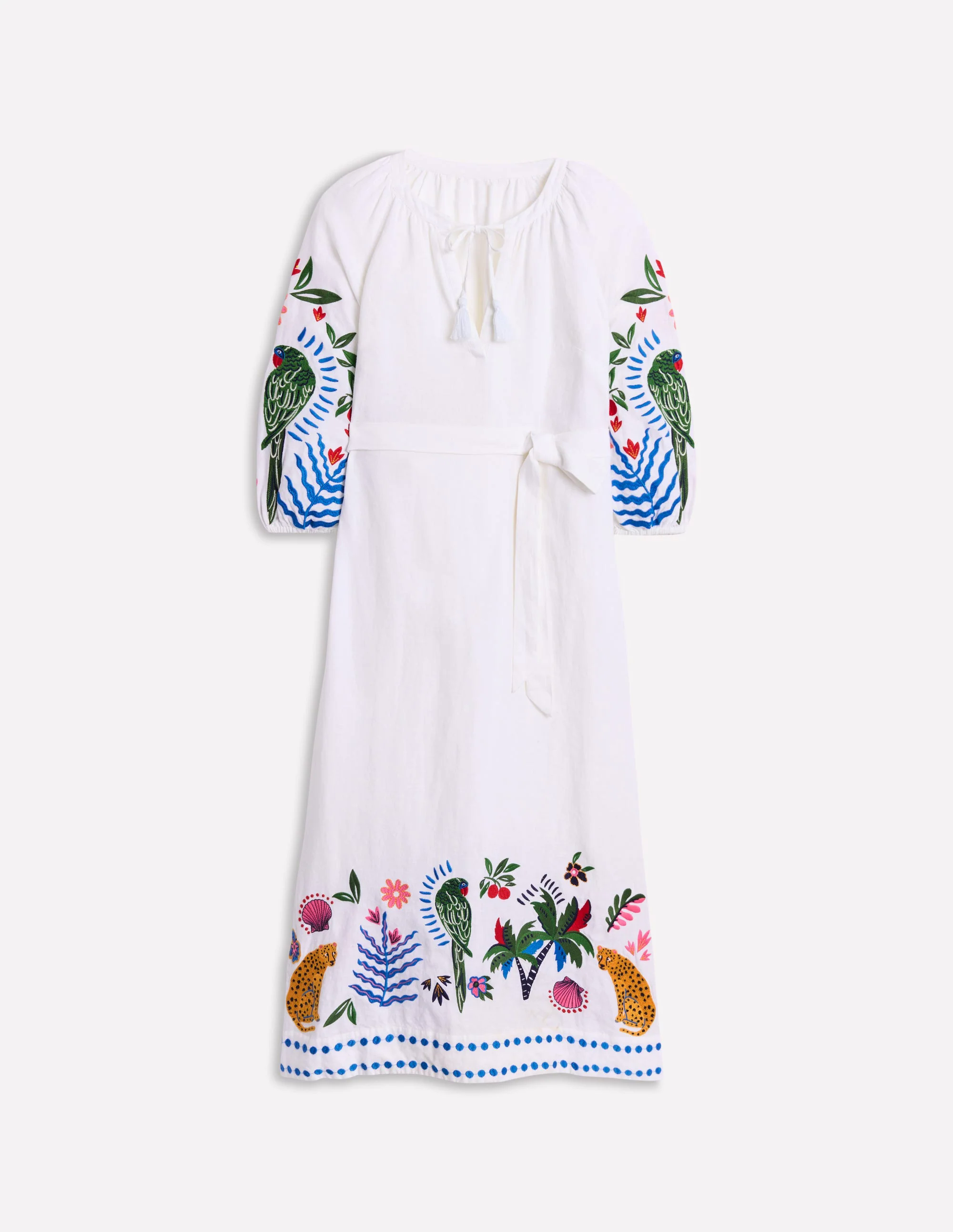 Embroidered Linen Tassel Dress-Ivory