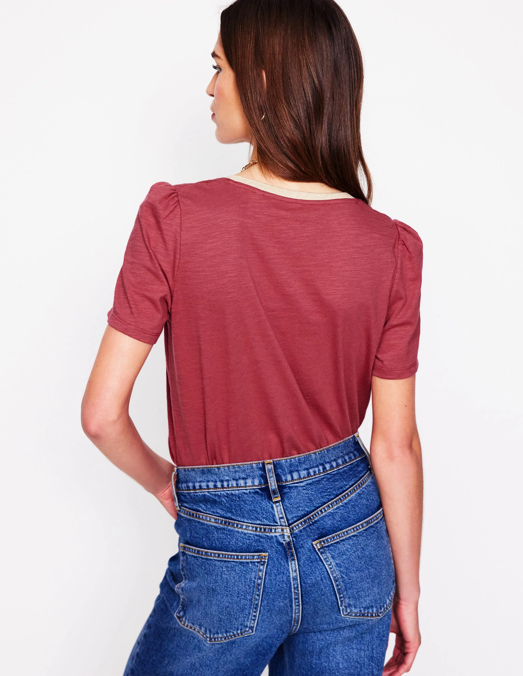 Metallic Trim V Neck T-shirt-Terracotta Red