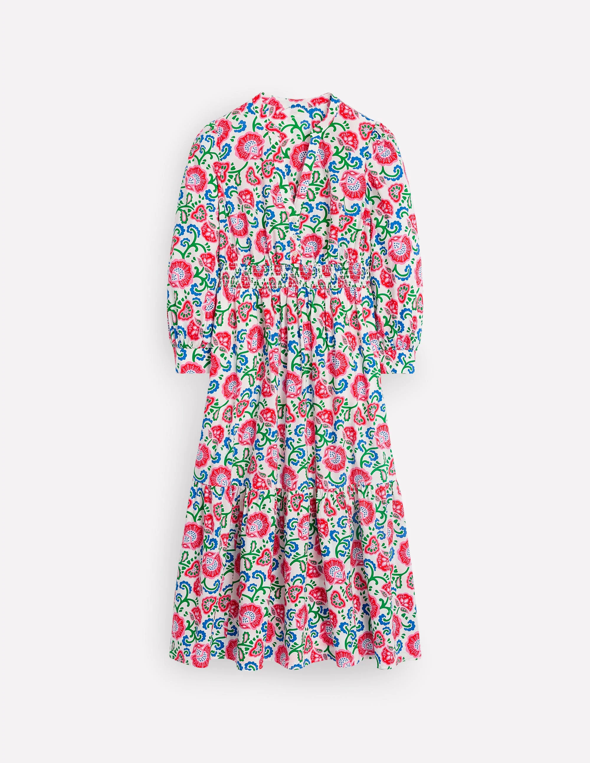 Elena Tiered Cotton Midi Dress-Ivory, Garden Vine