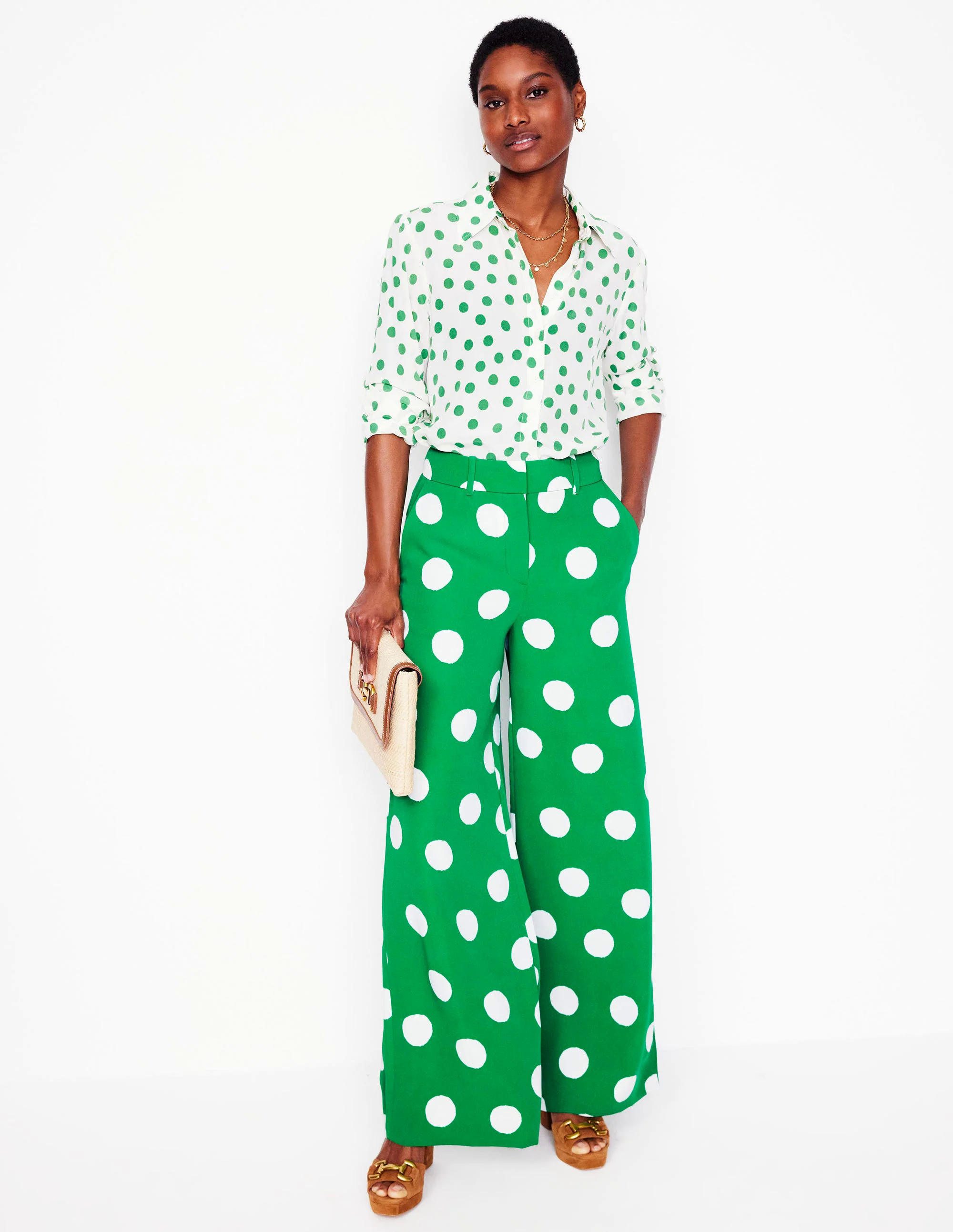 Wide Leg Trousers-Rich Emerald, Abstract Dot