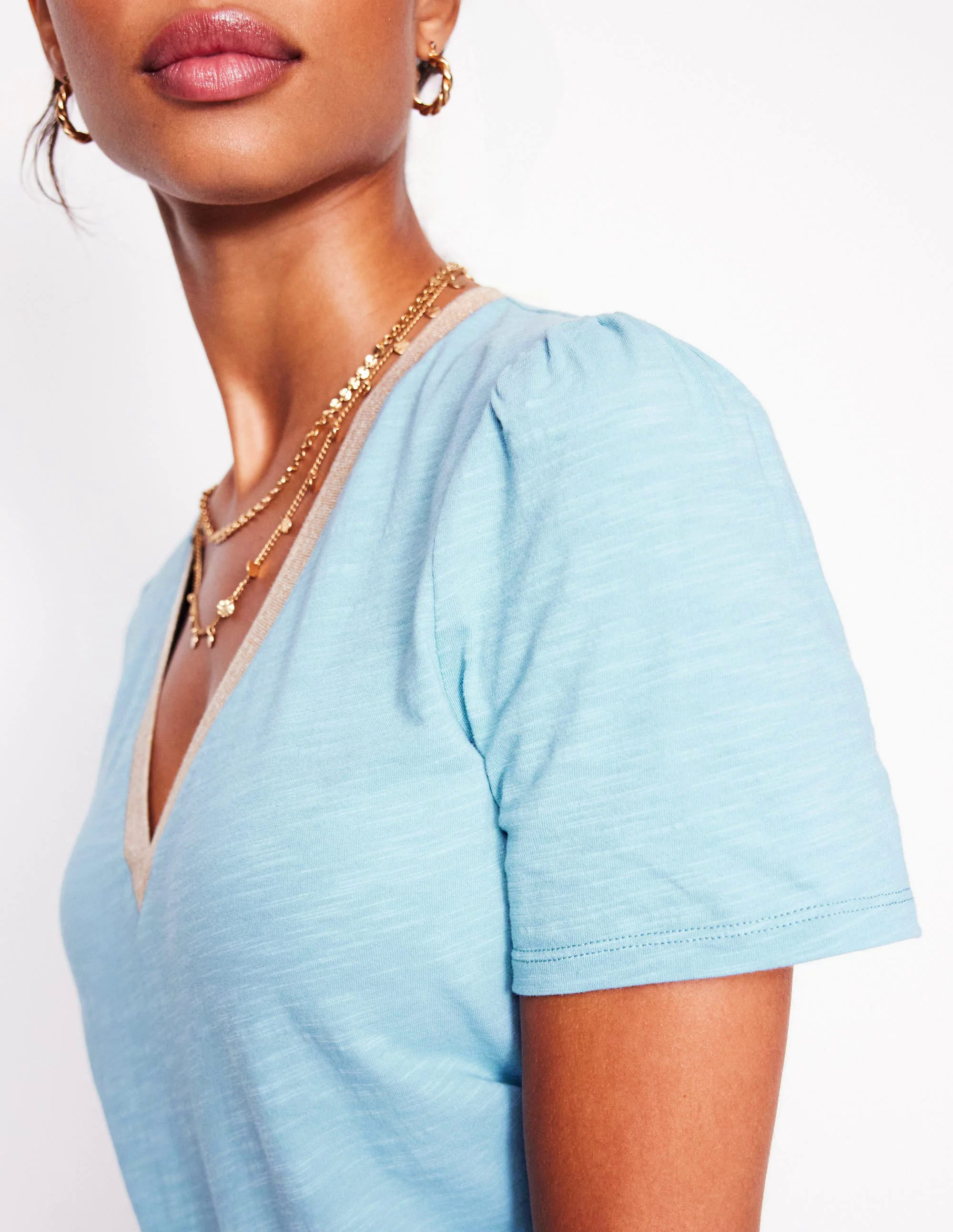 Metallic Trim V Neck T-shirt-Soft Blue