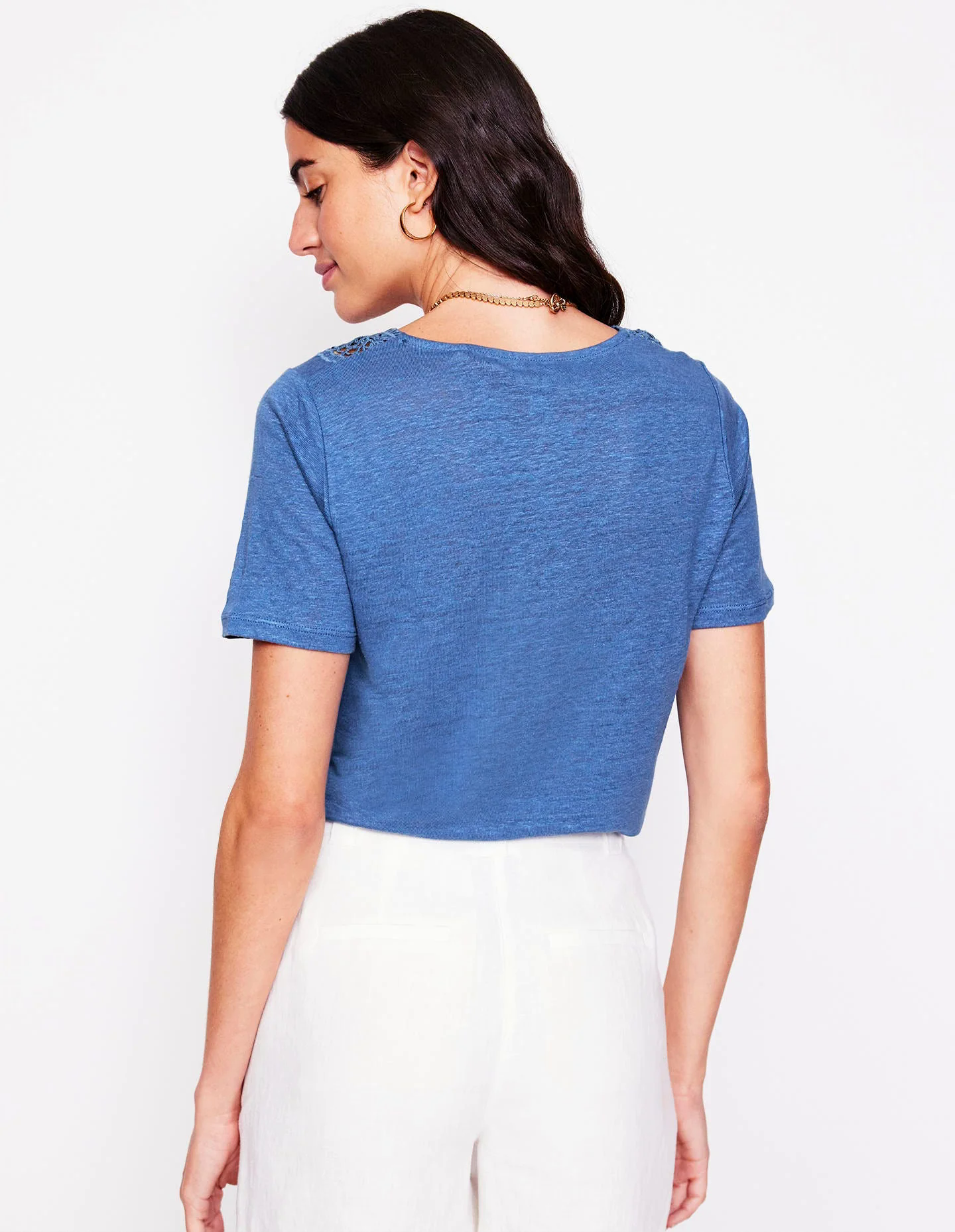 Lace Trim Linen T-shirt-Blue River
