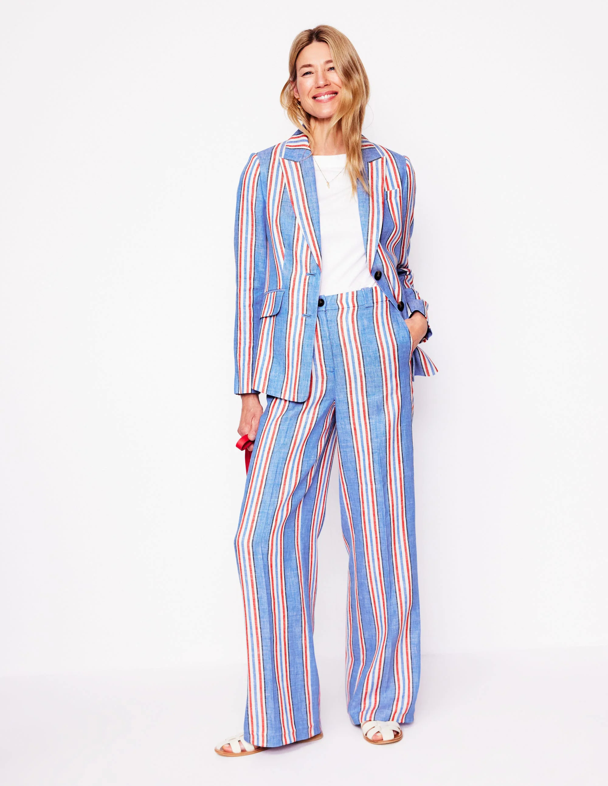 Westbourne Linen Pants-Peacock Blue, Red Stripe