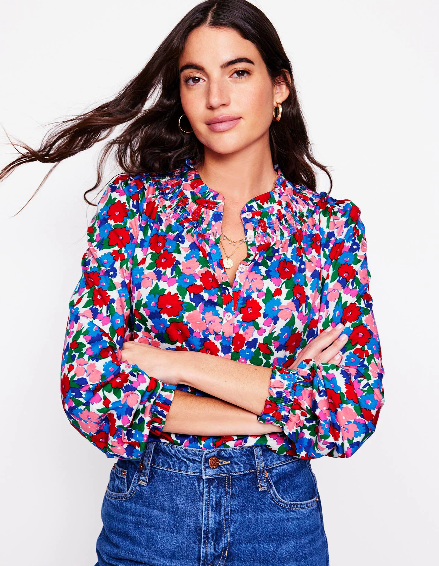 Fay Smocked Jersey Shirt-Multi, Painterly Meadow