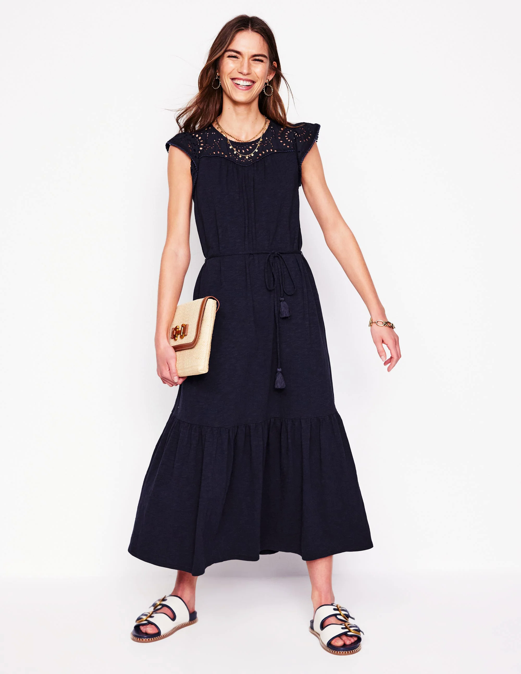 Juliet Broderie Midi Dress-Navy