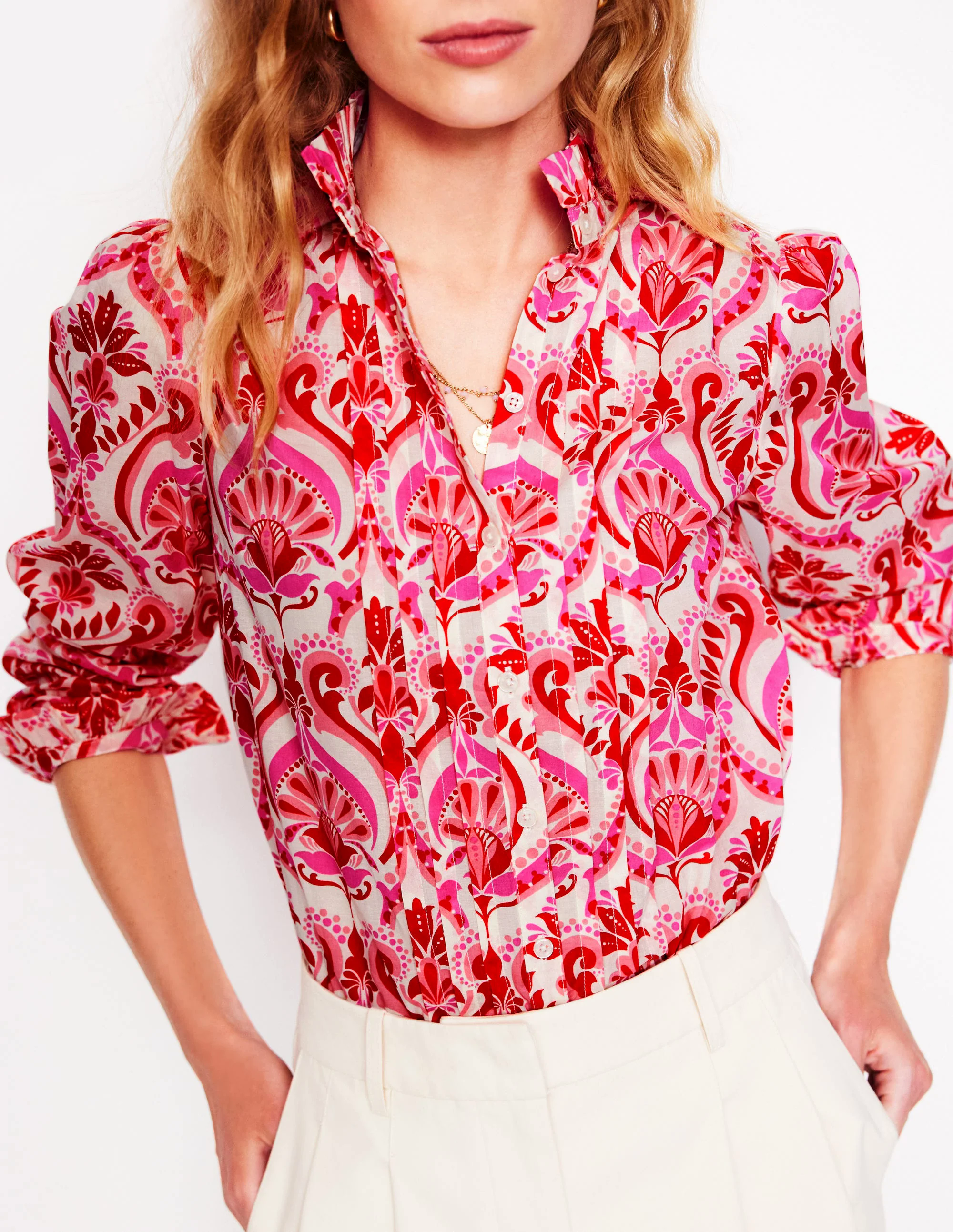 Felicity Cotton Blouse-Poppy Red, Ornamental Floral
