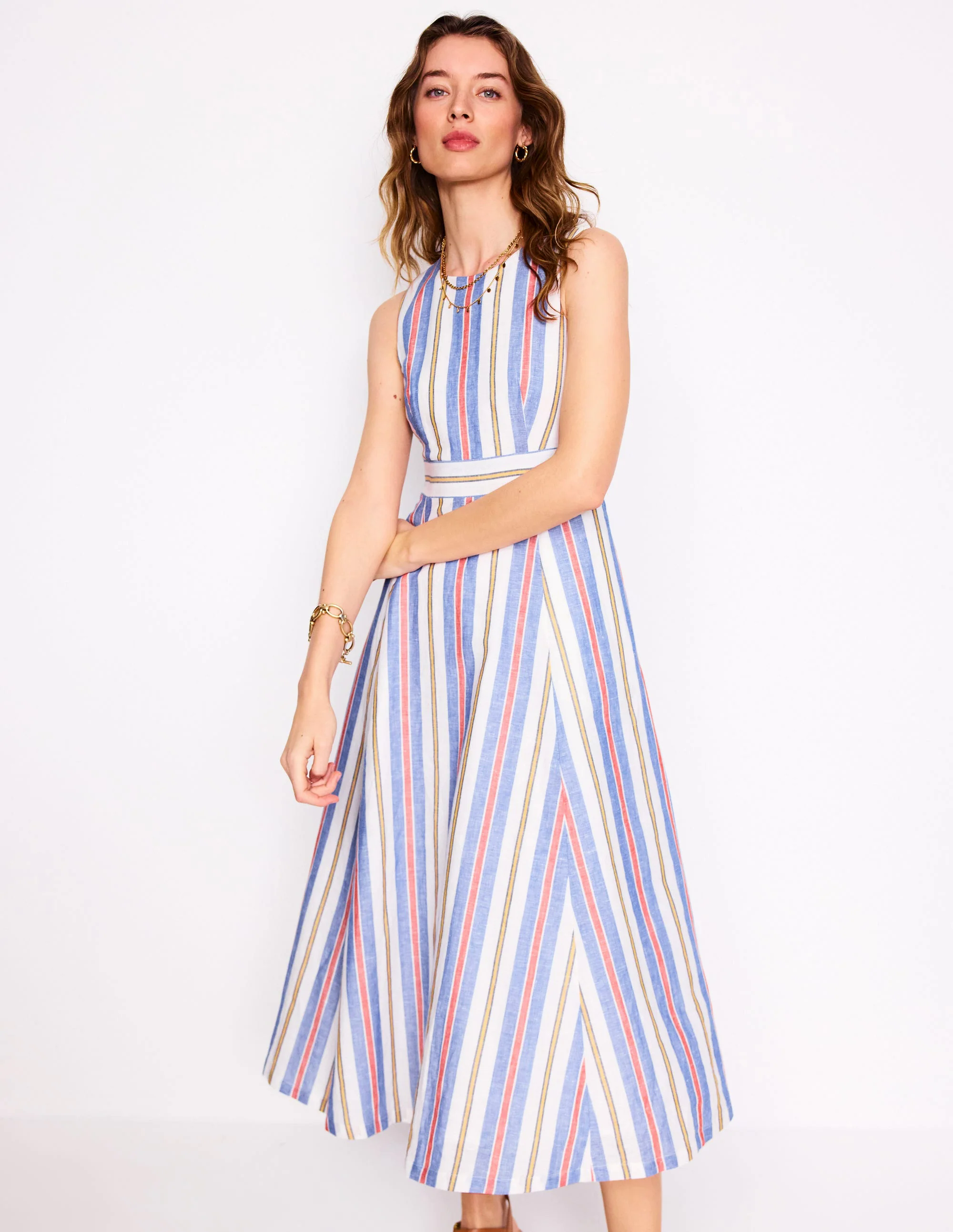Sleeveless Linen Blend Dress-Bright Blue and Brown Stripe