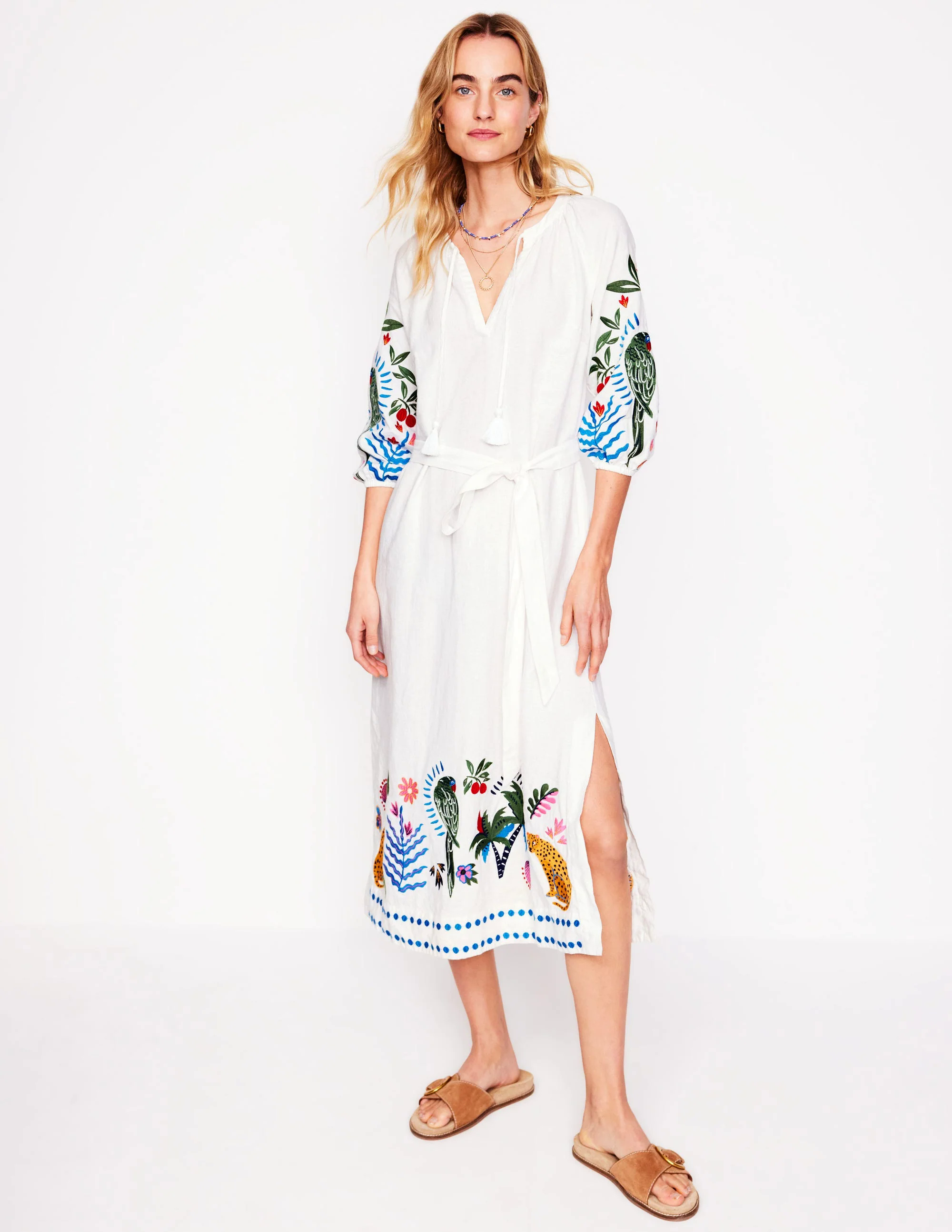 Embroidered Linen Tassel Dress-Ivory