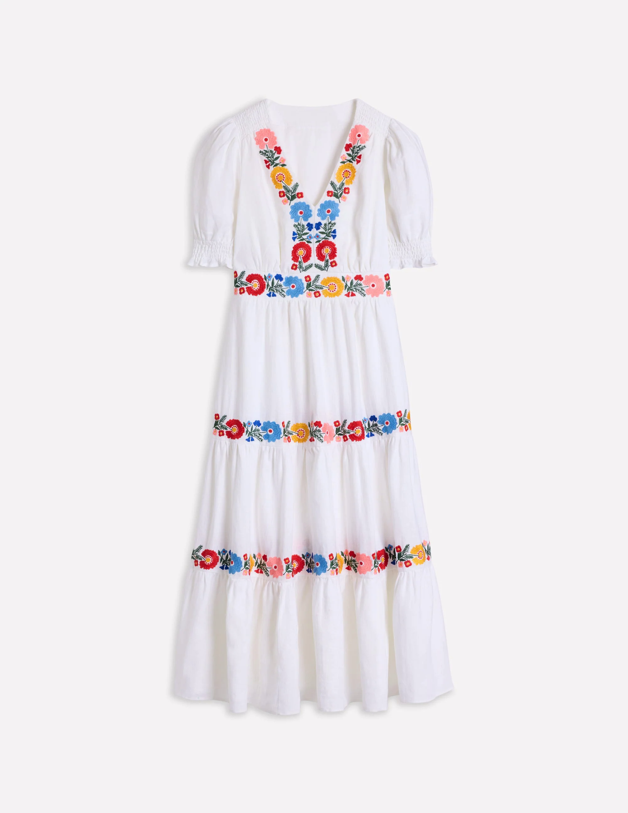 Anna Linen Tiered Midi Dress-White, Multi Embroidery