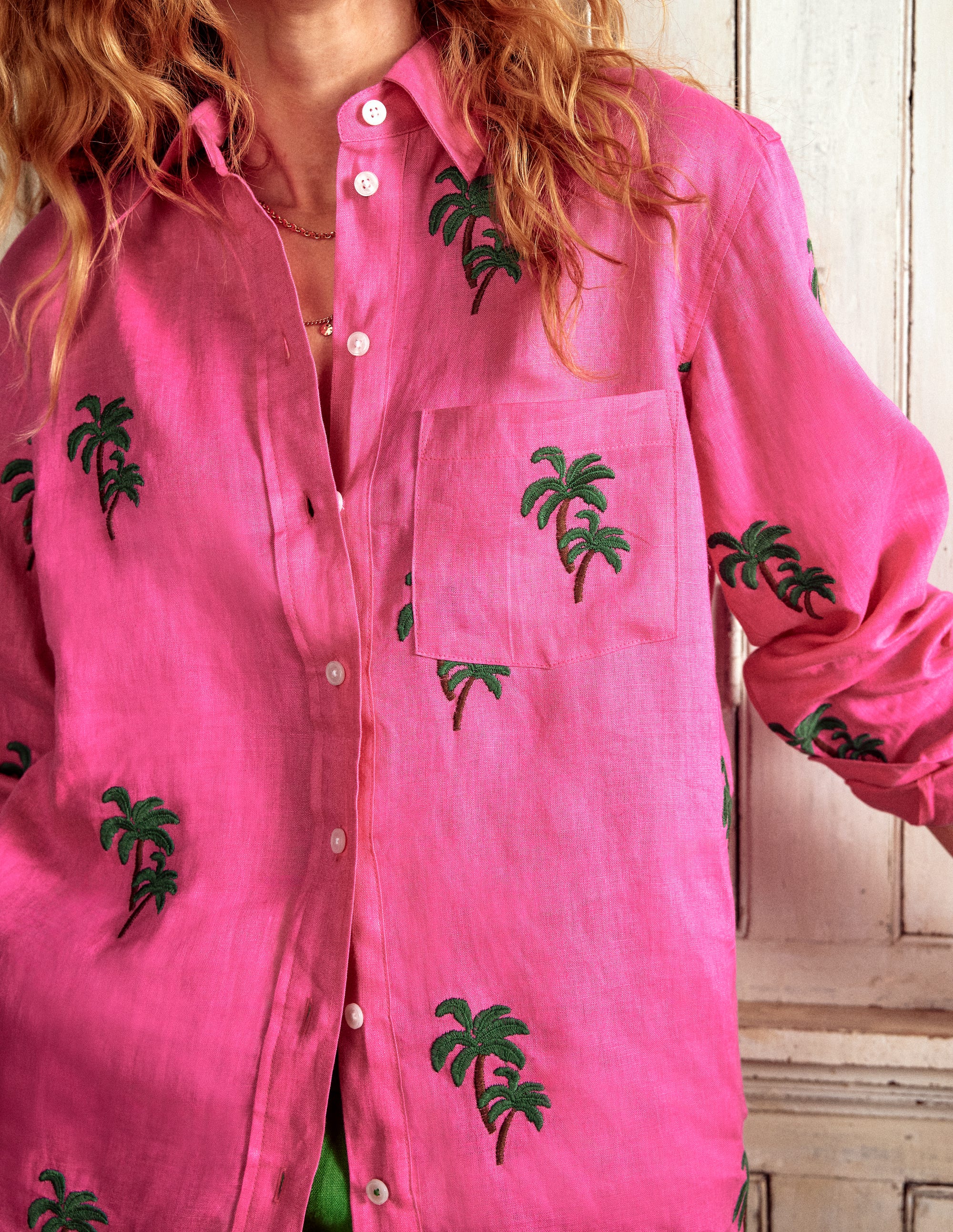 Sadie Relaxed Linen Shirt-Sorbet Pink, Palm Tree