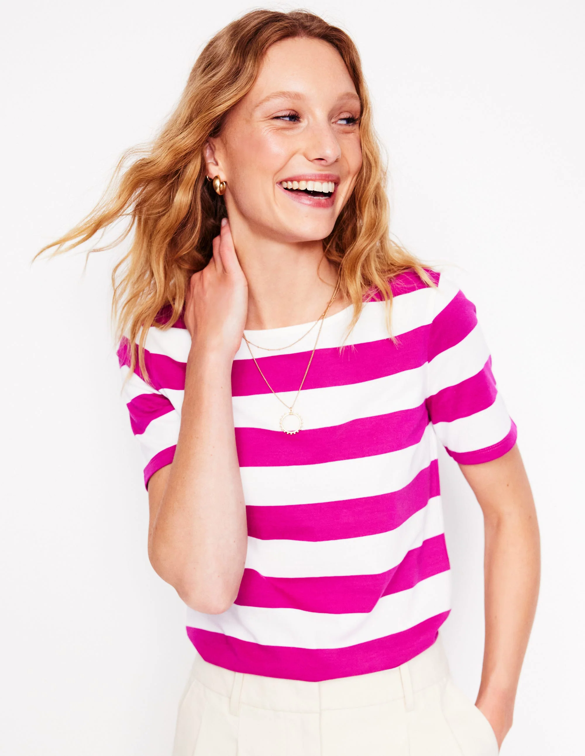 Ella Short Sleeve Breton-Ivory, Festival Fuchsia