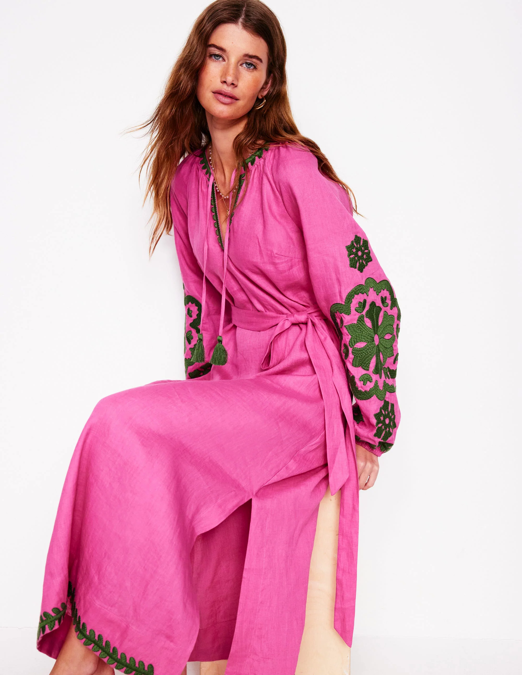 Embroidered Linen Tassel Dress-Sorbet Pink