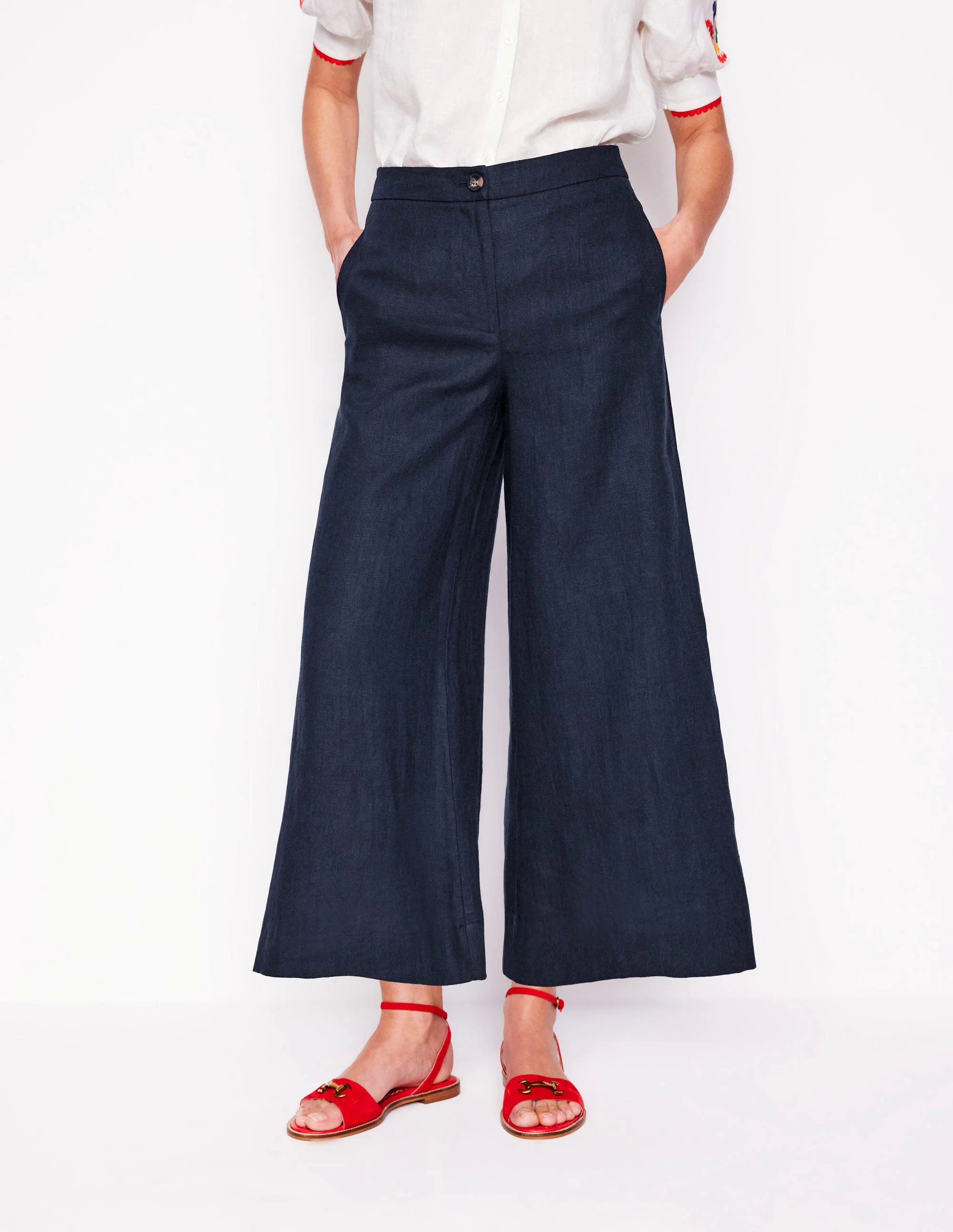Wide Crop Linen Pants-Navy
