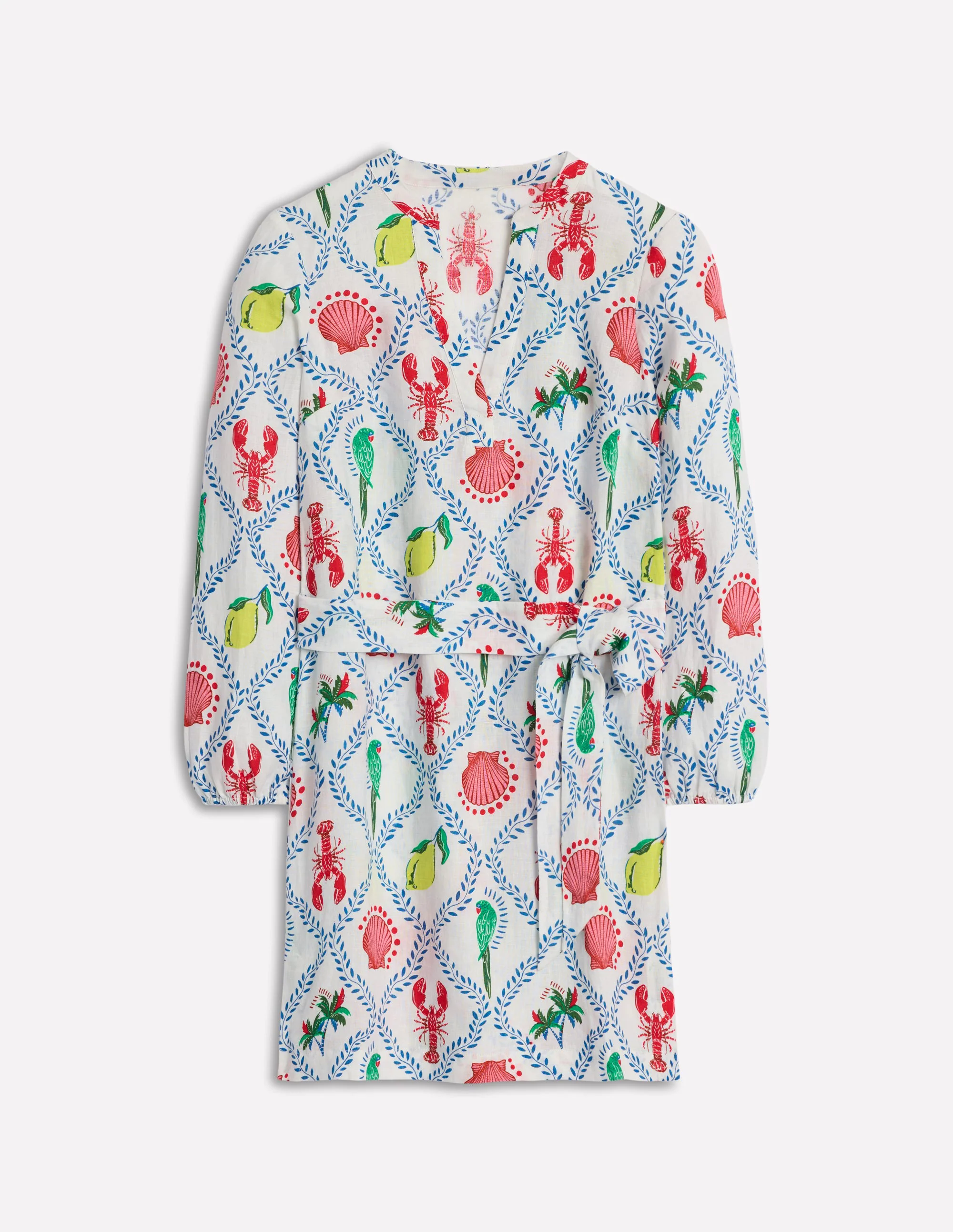 Cleo Linen Tie Waist Dress-Ivory, Tropical Bonanza Vine