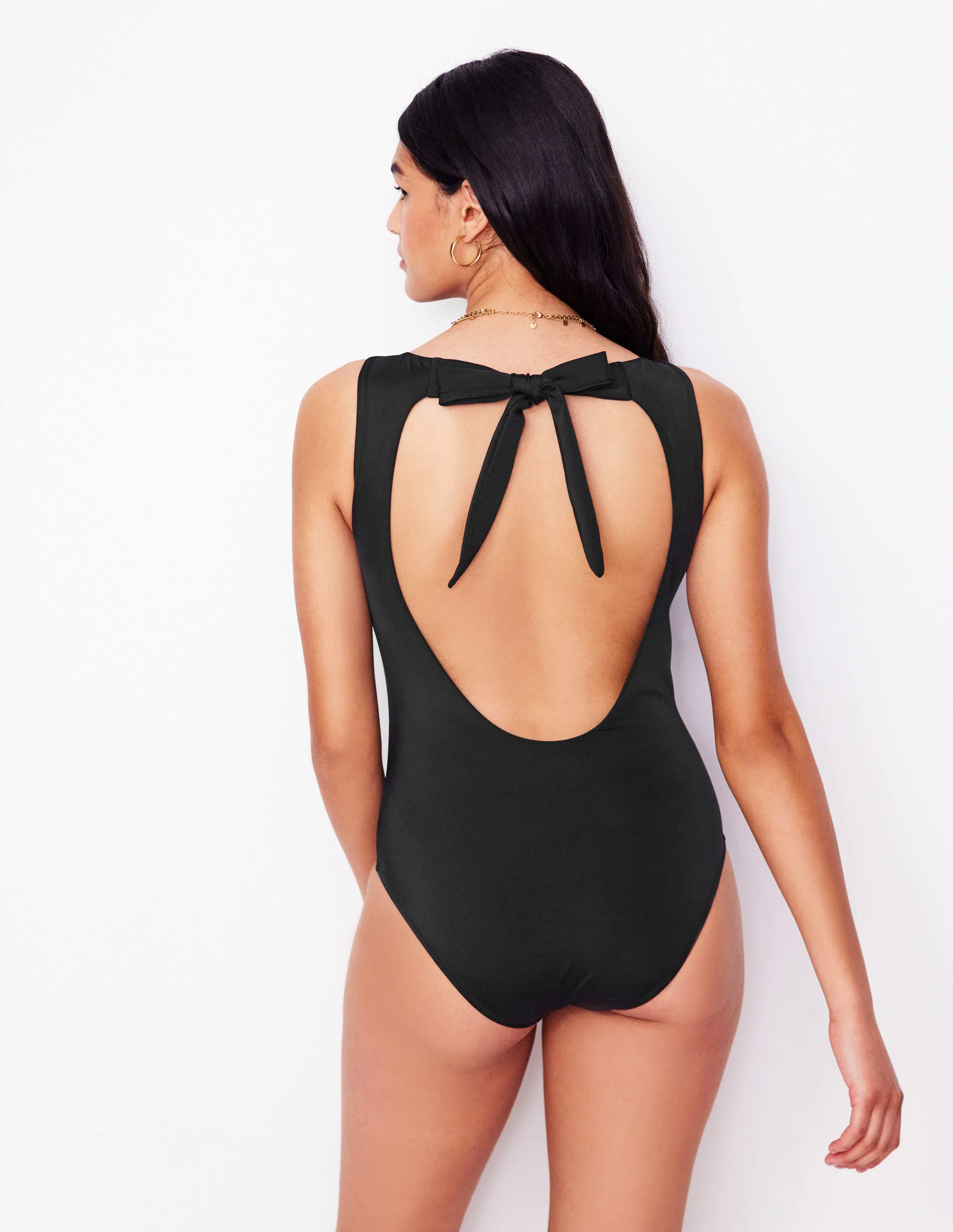 Slash Neck Tie Swimsuit-Black