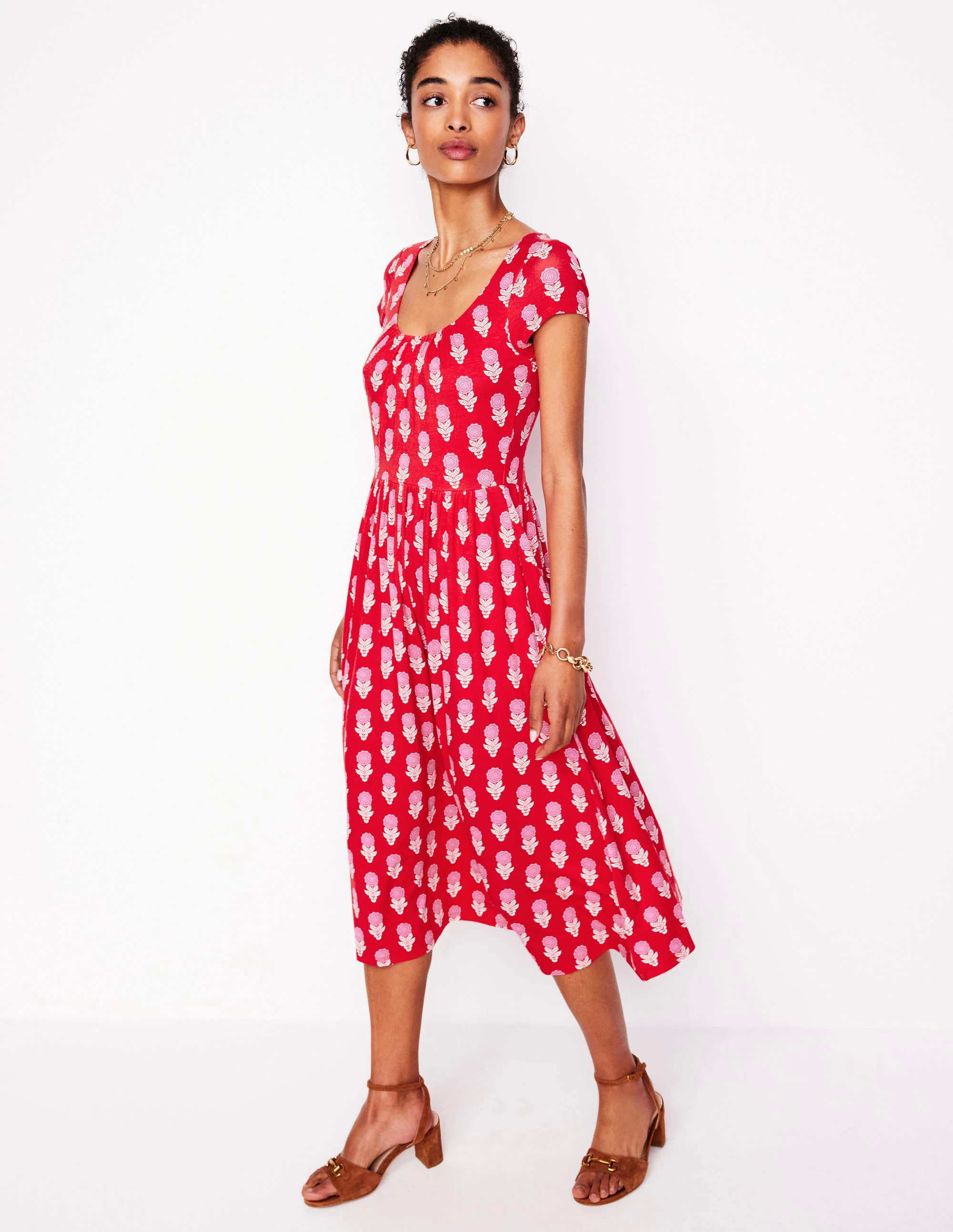 Samantha Scoop Jersey Dress-Poppy Red, Dahlia Sprig