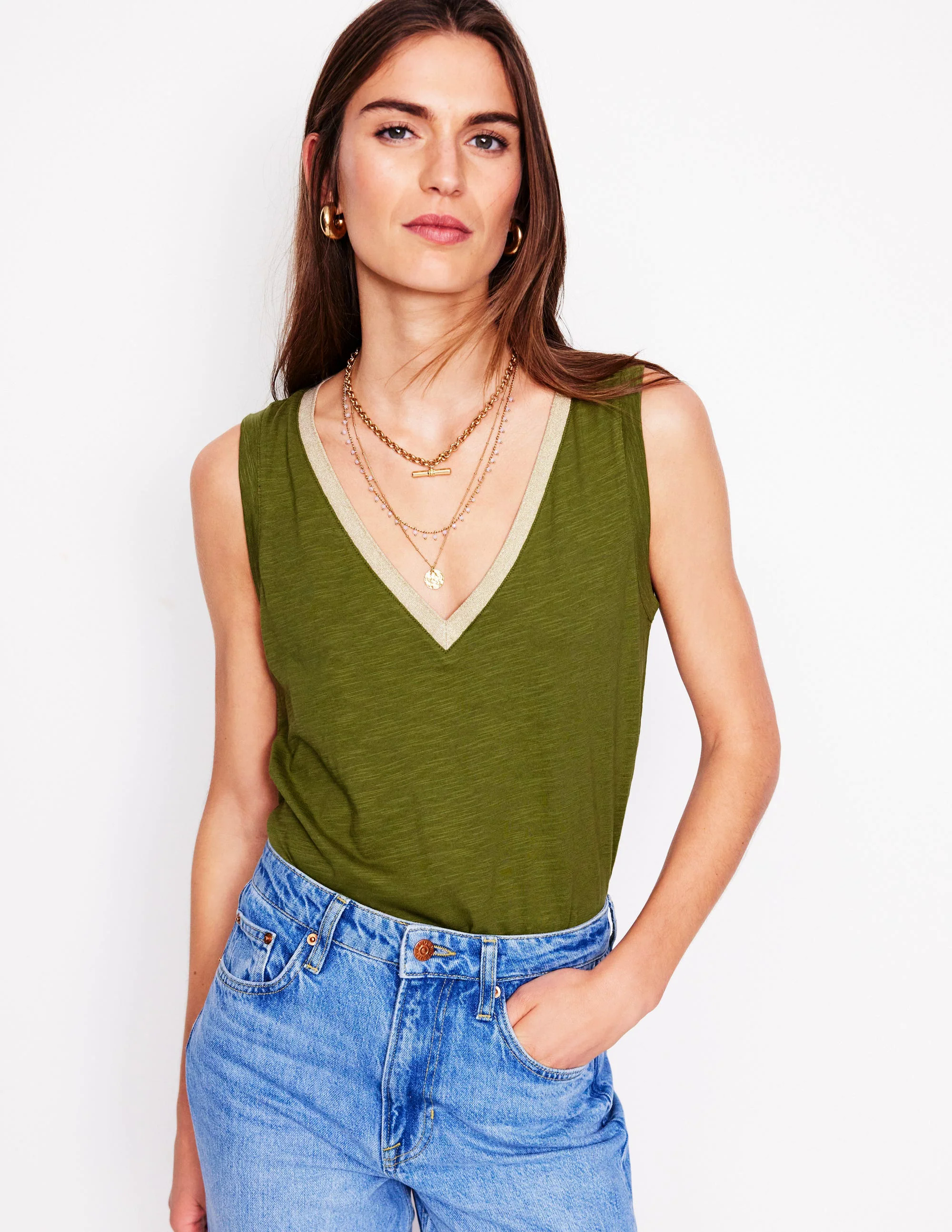 Metallic Trim V Neck Vest-Mayfly